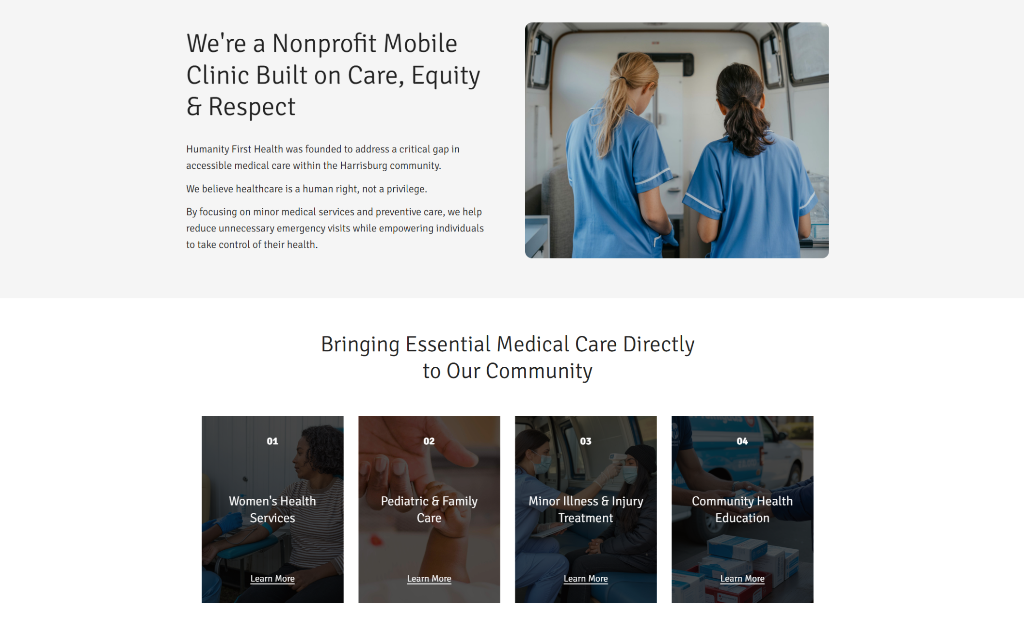 Humanity First Health about + services section showing the headline “We’re a Nonprofit Mobile Clinic Built on Care, Equity & Respect” beside a photo of two medical staff in blue scrubs inside a clinic van, followed by four service tiles like “Women’s Health Services” and “Pediatric & Family Care.”