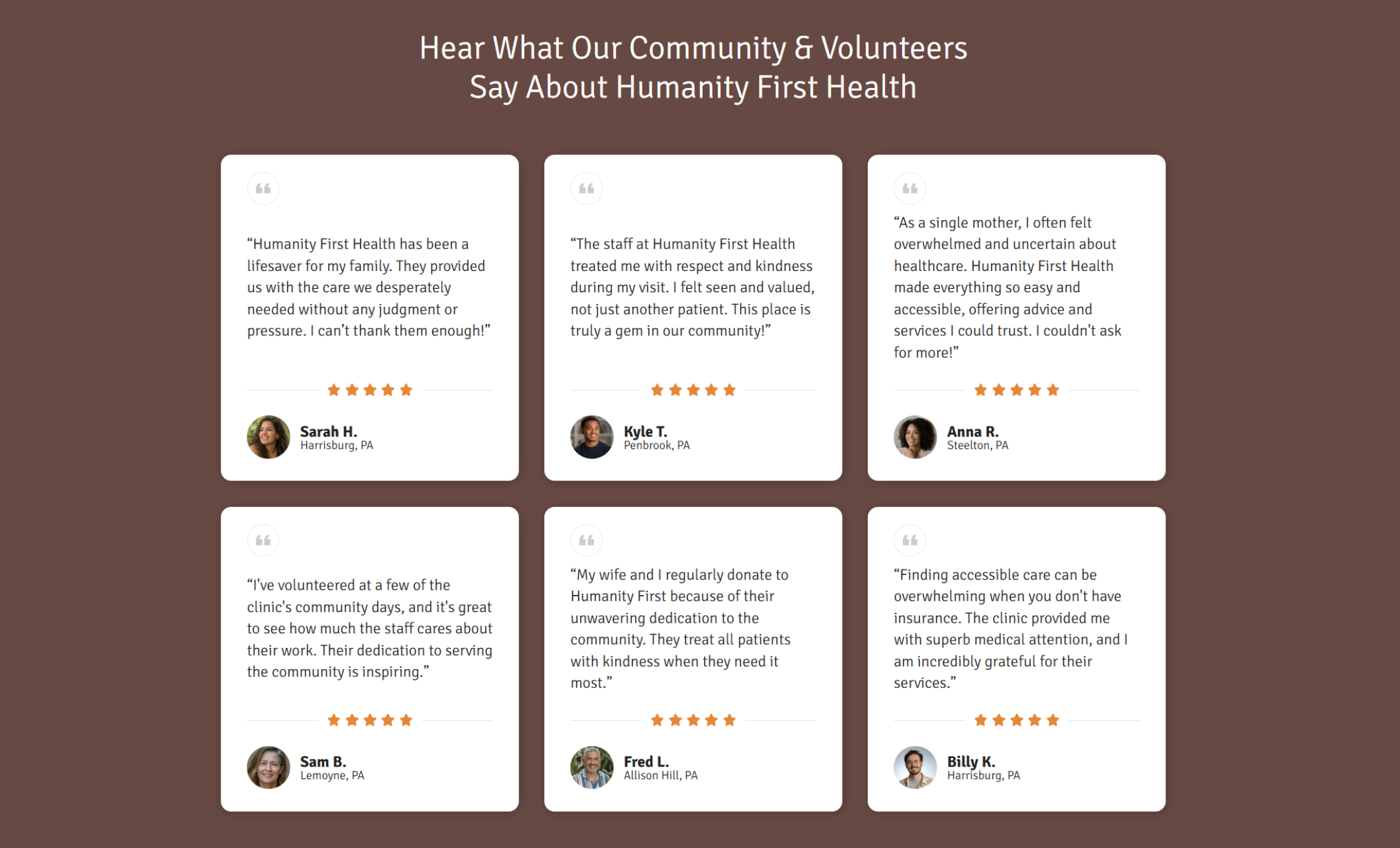 Humanity First Health reviews section featuring six five-star testimonial cards under the headline “Hear What Our Community & Volunteers Say About Humanity First Health,” with reviewer names
