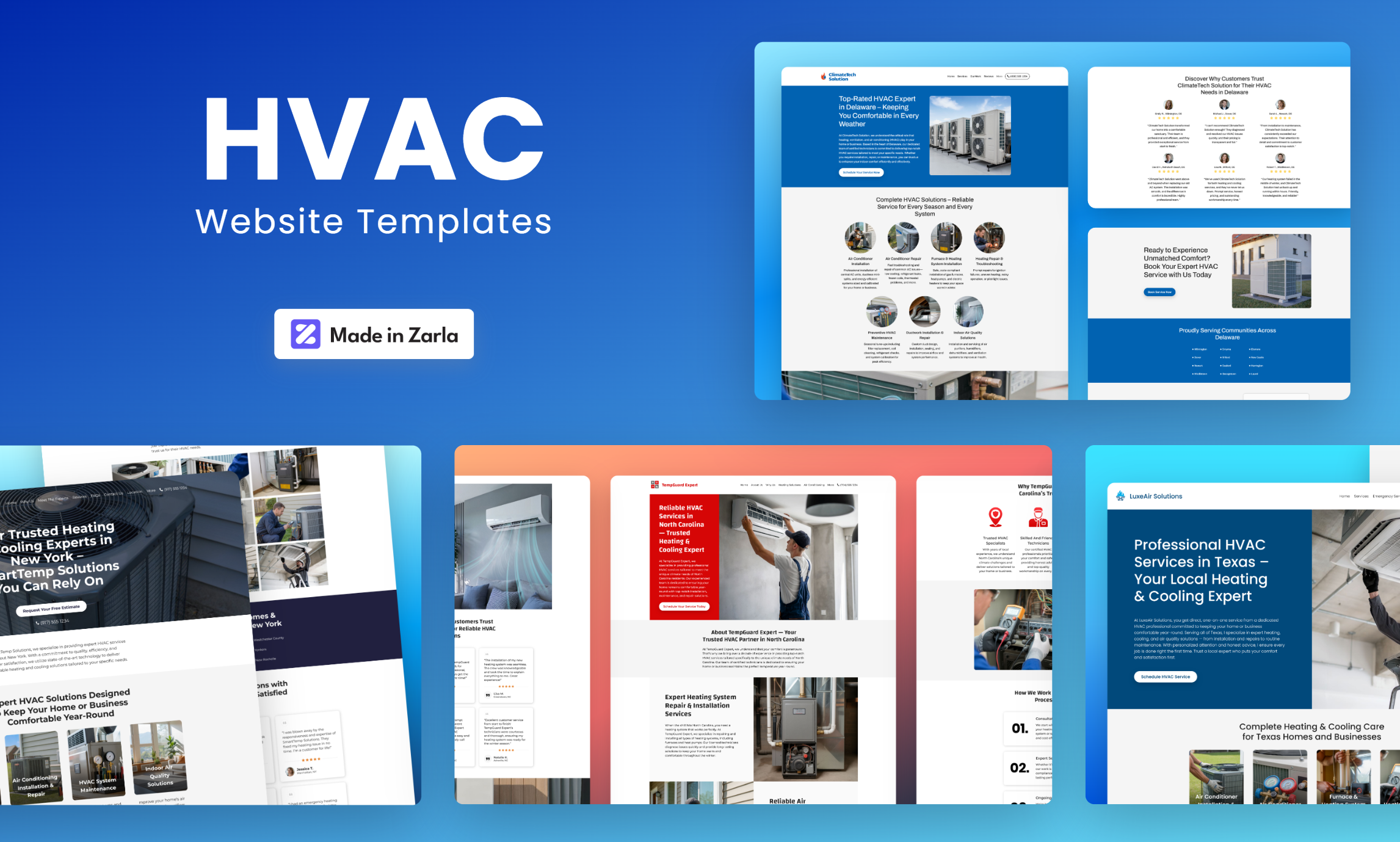 Collection of HVAC website templates created with Zarla