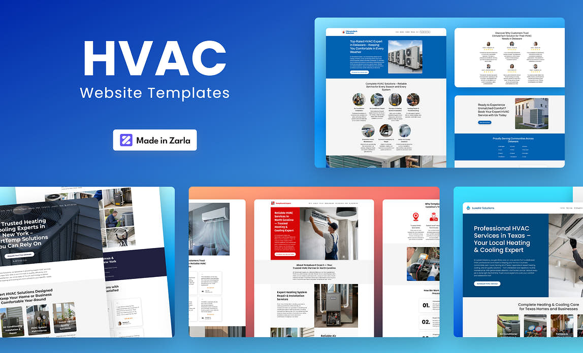 Collection of HVAC website templates created with Zarla