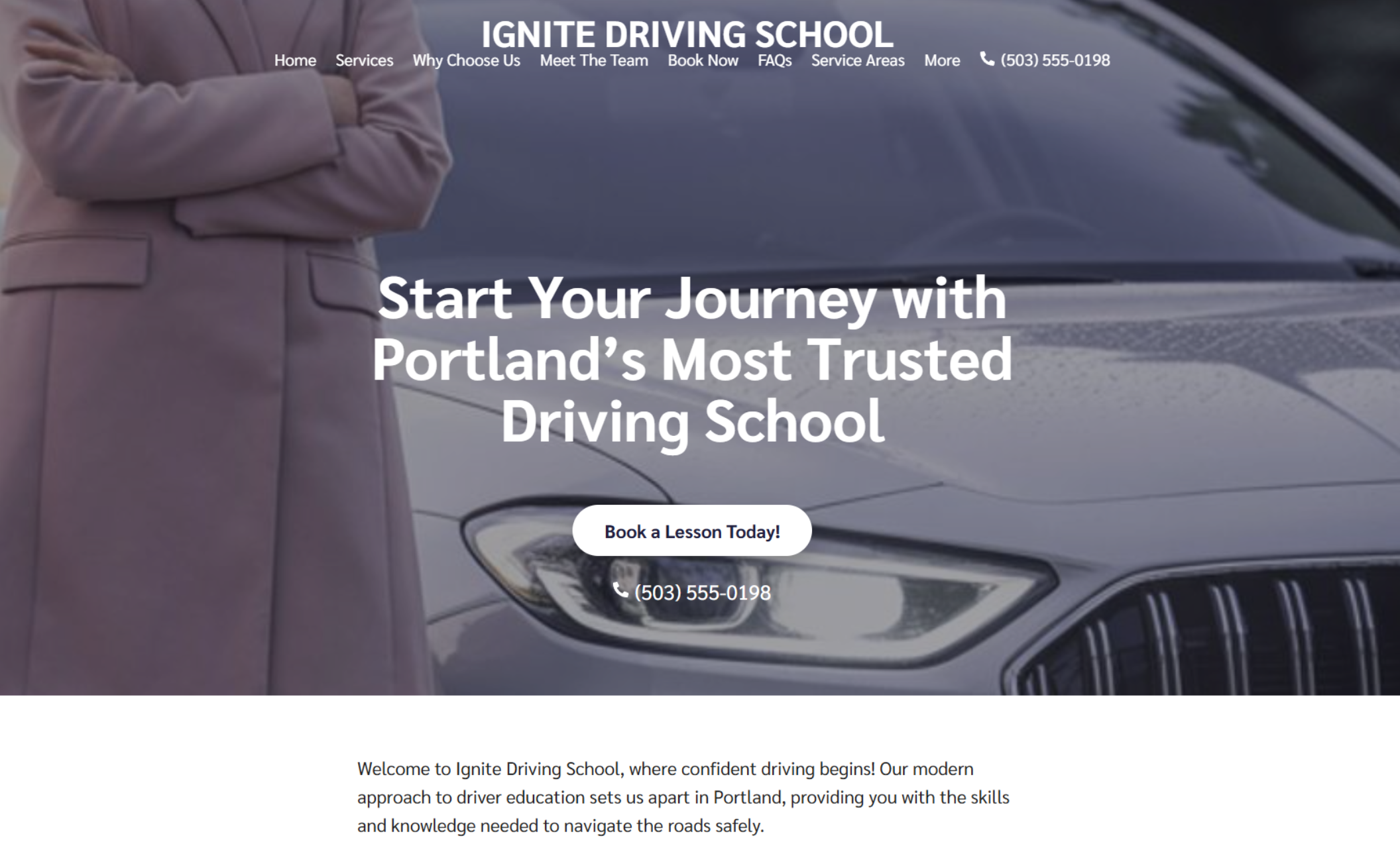 Ignite Driving School homepage with the headline “Start Your Journey with Portland’s Most Trusted Driving School” overlaid on a close-up of a car front, next to buttons for booking a lesson or calling the school