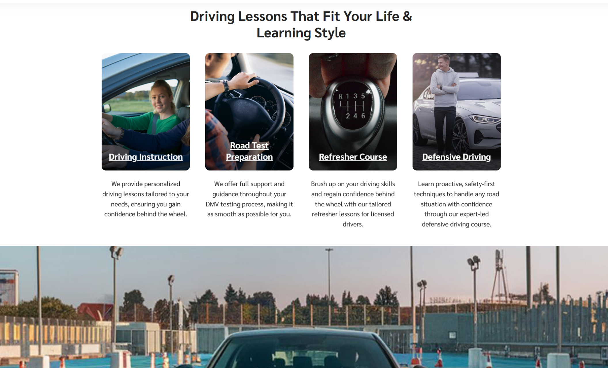 Ignite Driving School services section titled “Driving Lessons That Fit Your Life & Learning Style,” showing four illustrated service blocks for instruction, test prep, refresher courses, and defensive driving with supportive text below each