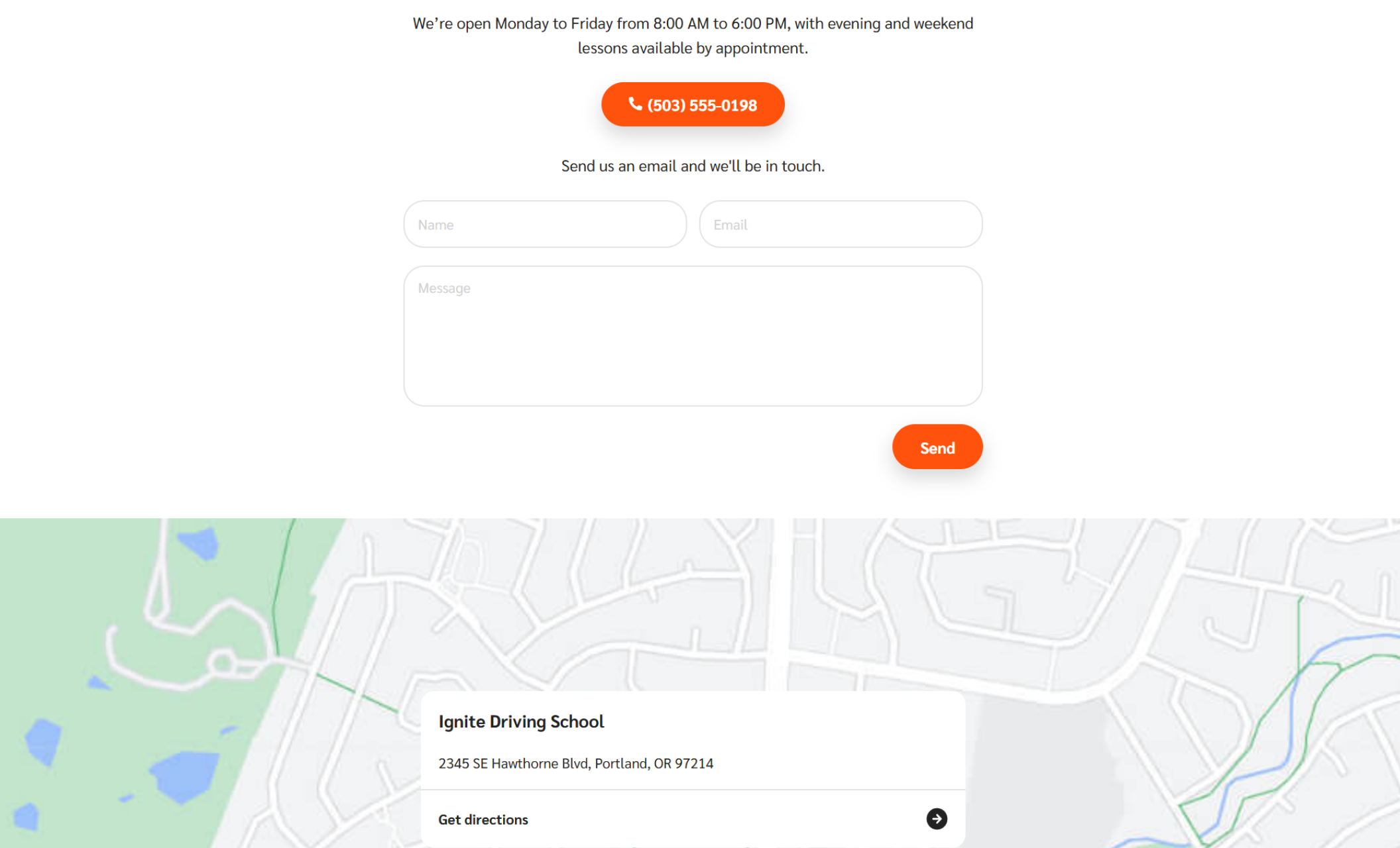 Ignite Driving School contact section featuring a map, contact form, business hours, and a bright orange call button displaying the school’s phone number for booking inquiries