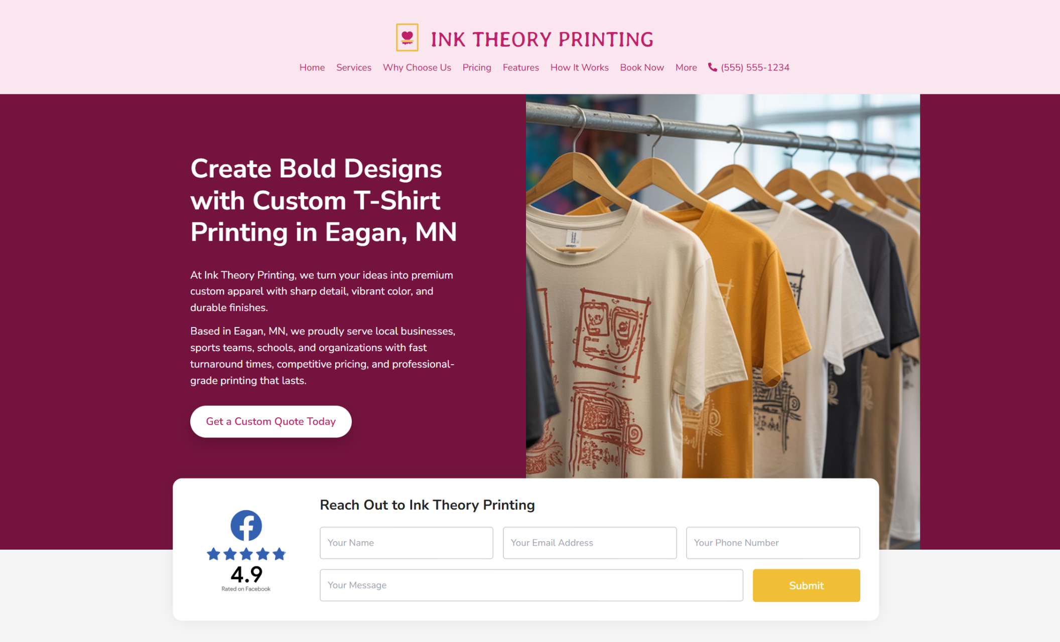 Ink Theory Printing homepage hero with the headline “Create Bold Designs with Custom T-Shirt Printing in Eagan, MN,” a “Get a Custom Quote Today” button, and a large image of graphic t-shirts hanging on a rack