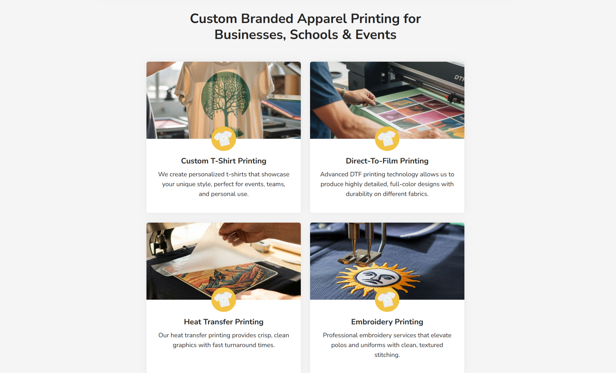 Ink Theory Printing services section titled “Custom Branded Apparel Printing for Businesses, Schools & Events,” featuring cards for Custom T-Shirt Printing, Direct-To-Film Printing, Heat Transfer Printing, and Embroidery Printing