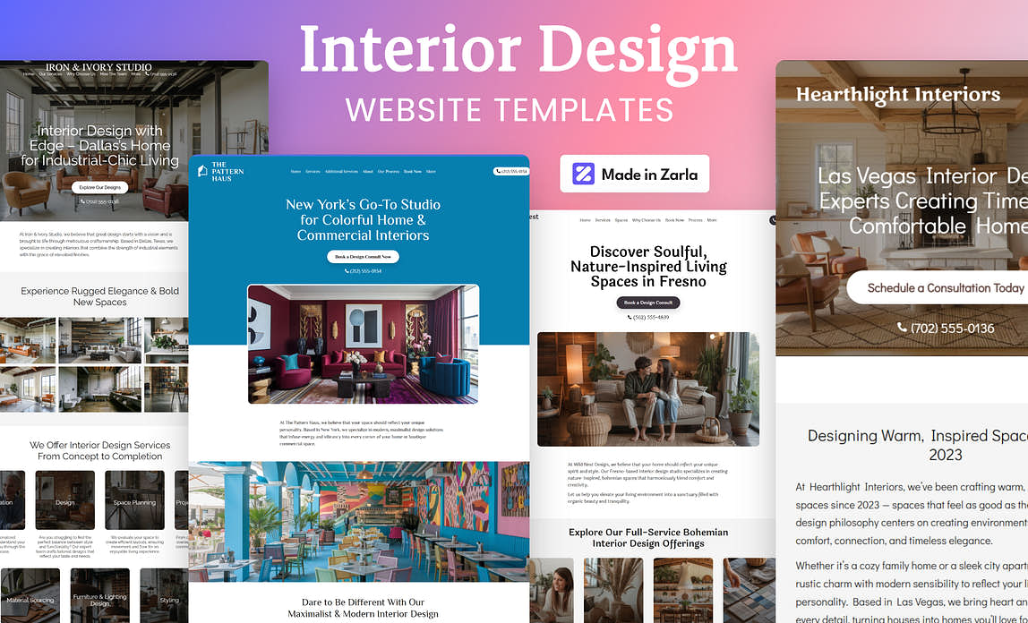 Collection of interior design website templates created with Zarlaz