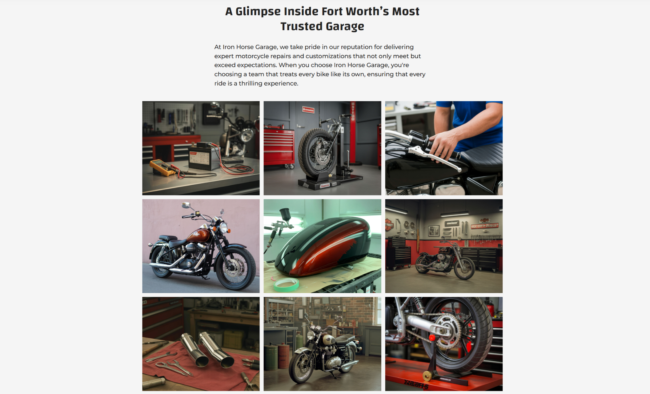 Iron Horse Garage photo gallery showcasing detailed shots of motorcycles, tools, and shop interiors beneath the headline “A Glimpse Inside Fort Worth’s Most Trusted Garage.”