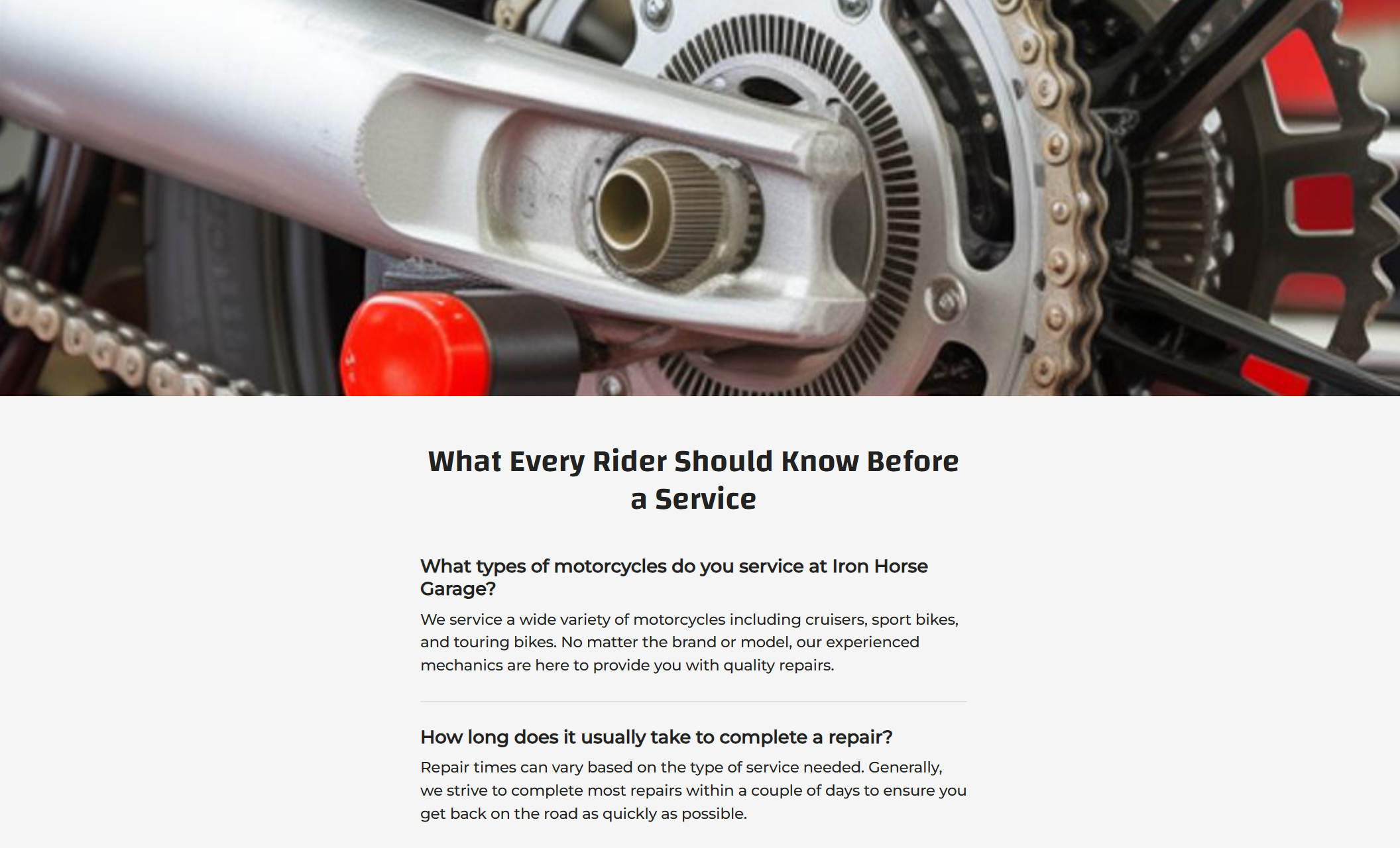 Iron Horse Garage FAQ section displaying a close-up of a motorcycle chain and gear beside the headline “What Every Rider Should Know Before a Service” with question-and-answer text below
