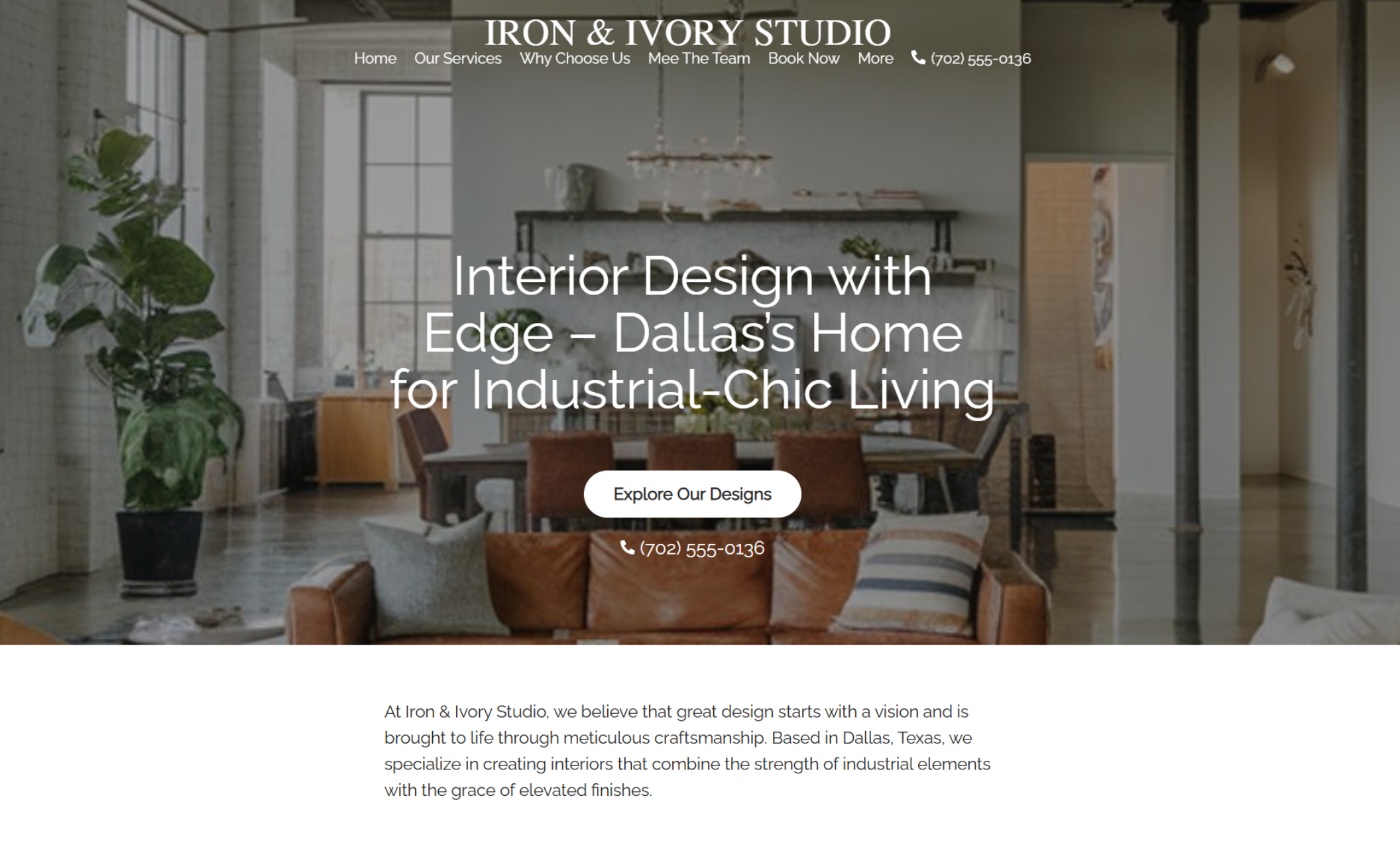 Open-concept industrial loft featuring high ceilings, exposed beams, and leather seating anchoring the Iron & Ivory Studio homepage with bold text introducing their Dallas-based services