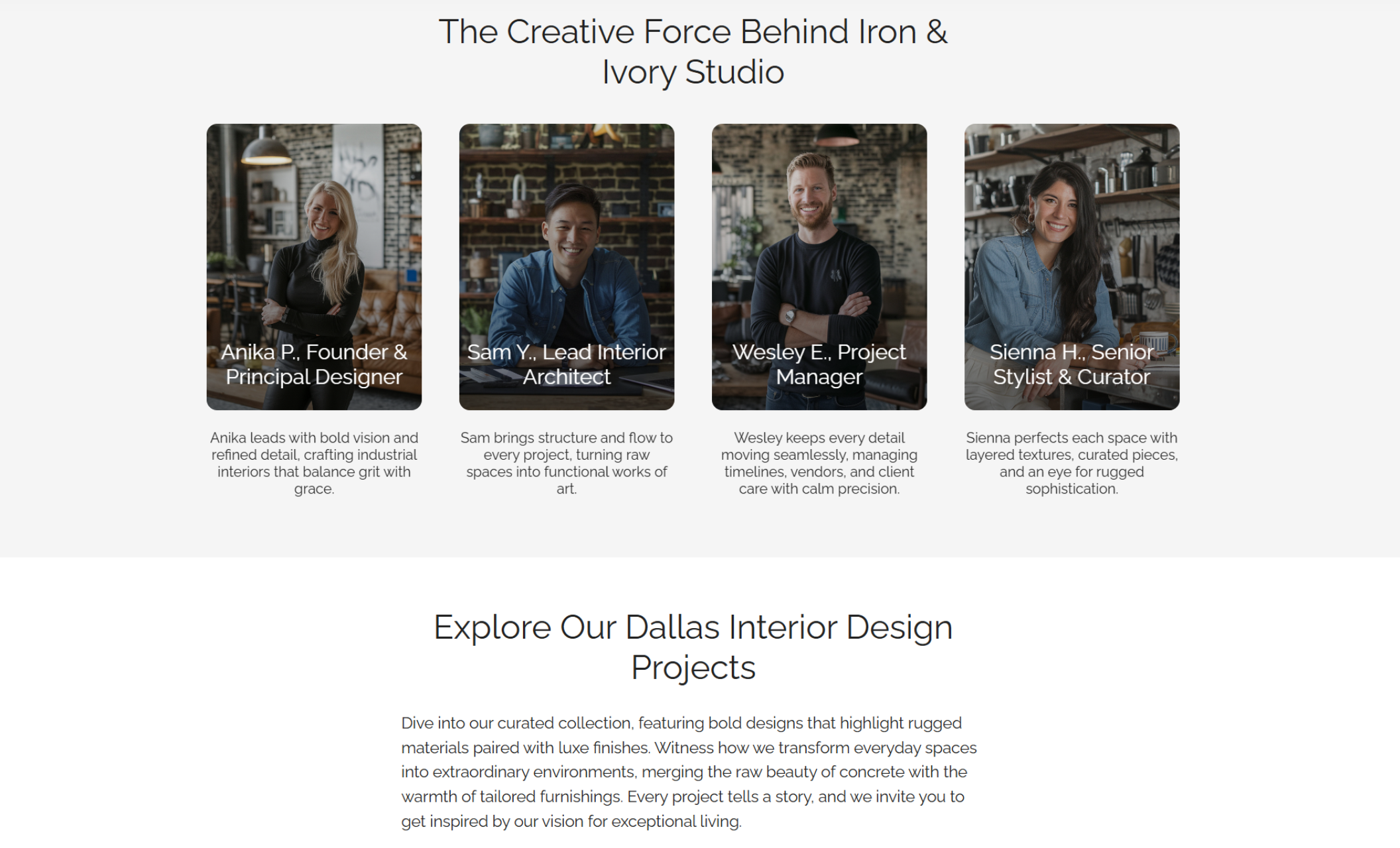 Three vertically stacked photos showing industrial décor elements — a metal spray bottle on wood, an urban balcony, and a designer painting a black wall — above glowing client reviews