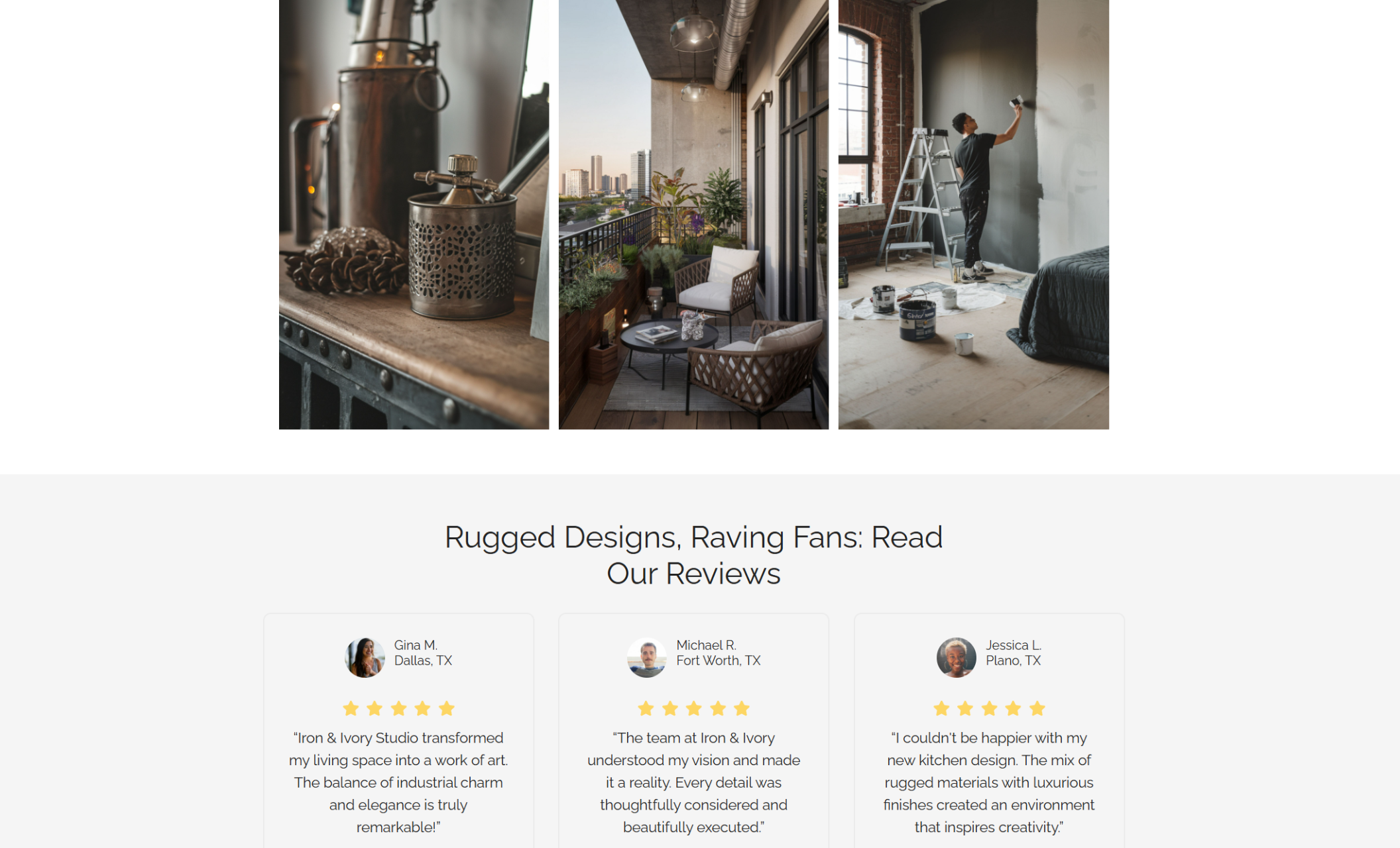 Four professional team portraits appearing above role descriptions, all set against a backdrop of industrial interiors with brick, metal, and wood textures that reflect the studio’s rugged elegance