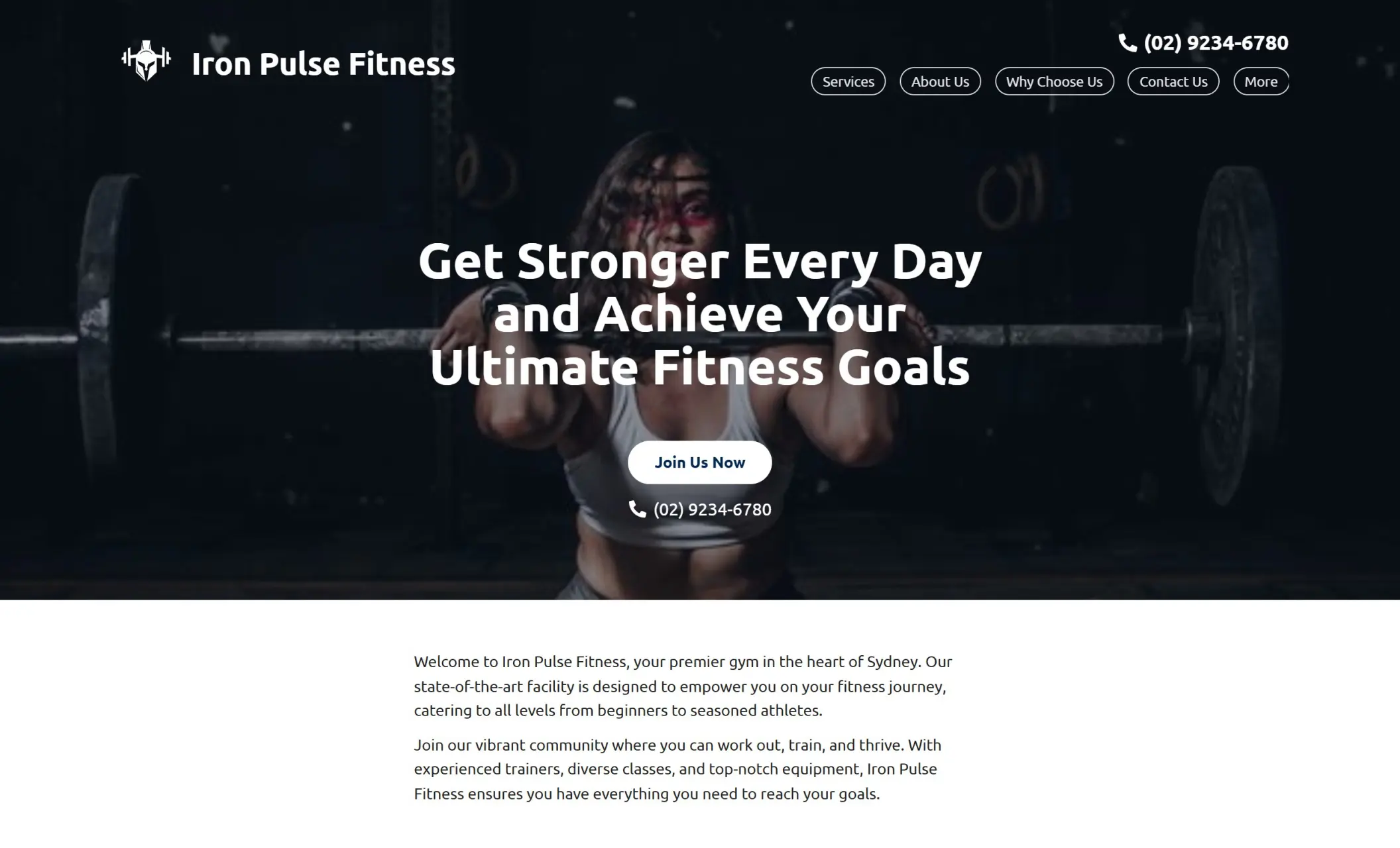 Iron Pulse Fitness' homepage featuring the image of woman lifting weights in the background, company branding, call-to-action button, and a brief description of the company