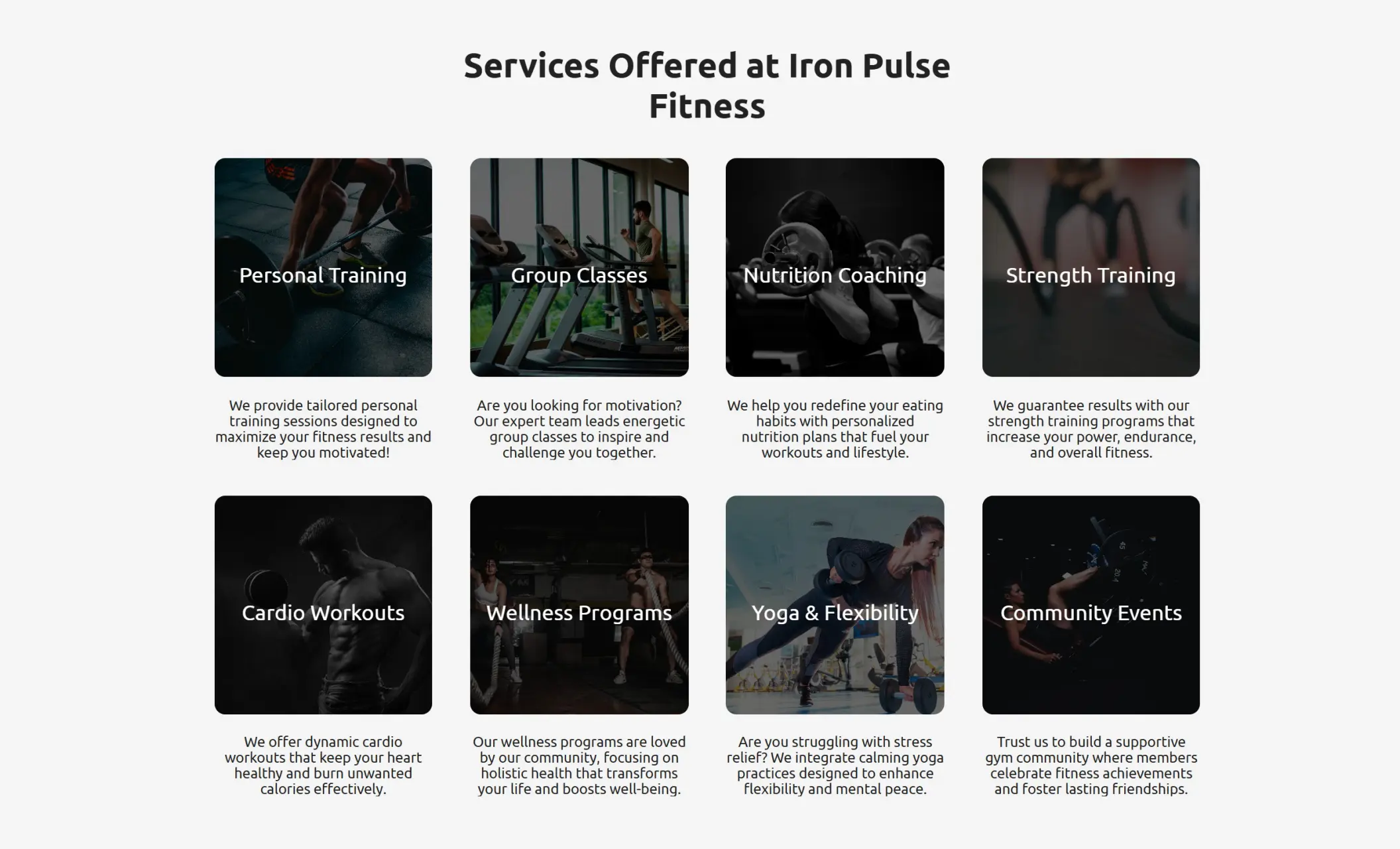 Iron Pulse Fitness' website section displaying available services, including personal training, group classes, nutrition coaching, strength training, cardio workouts, wellness programs, yoga & flexibility, and community events