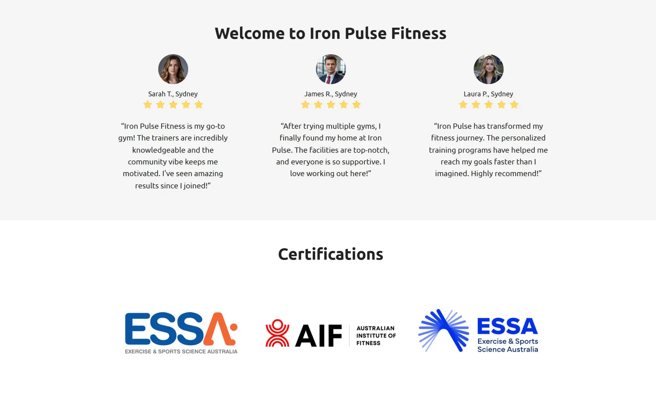 Iron Pulse Fitness' website displaying client testimonials, and certifications