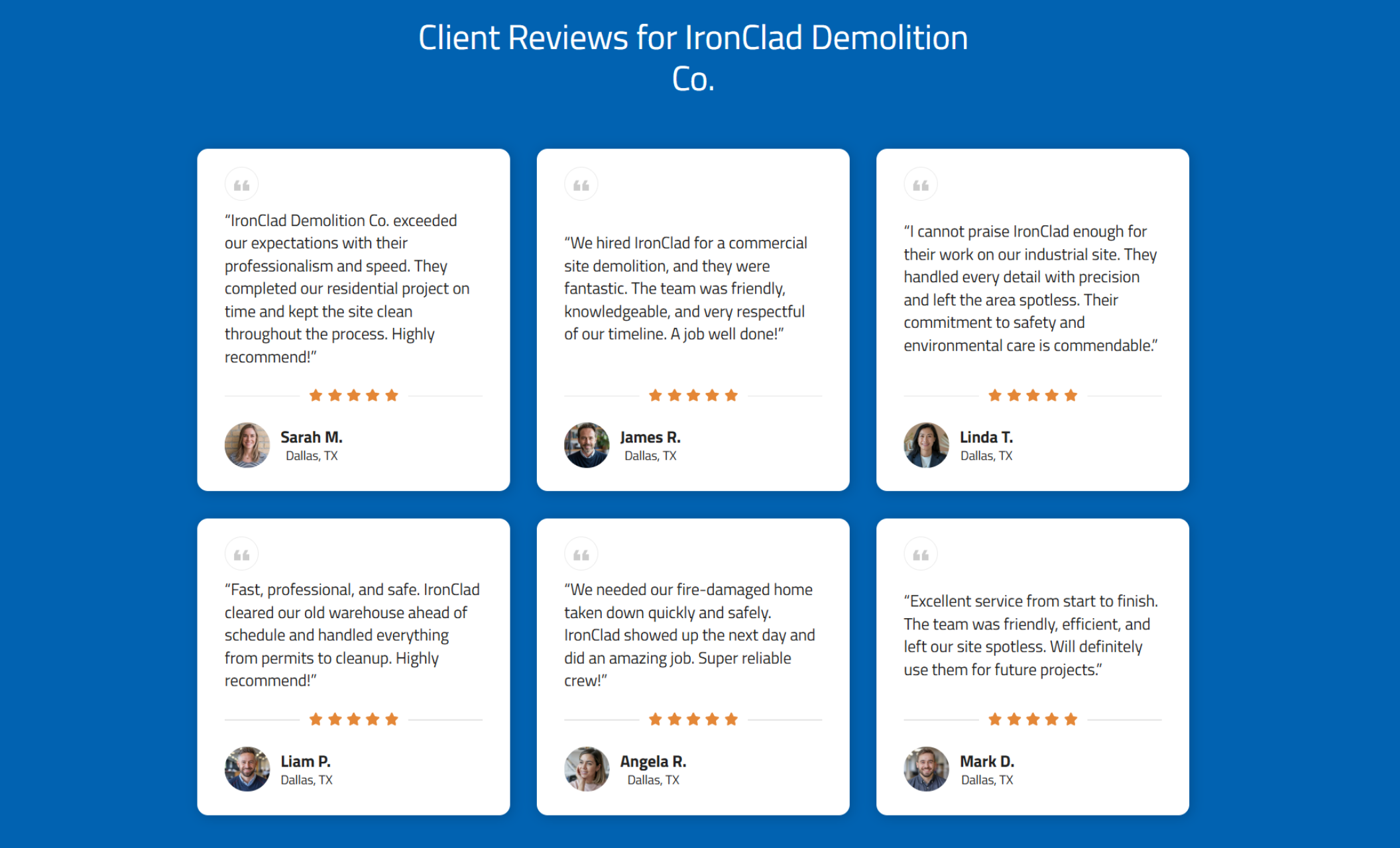 IronClad Demolition Co. testimonial section with a bright blue background featuring six white review cards, each showing 5-star client feedback from residential, commercial, and industrial demolition projects in Dallas, Texas