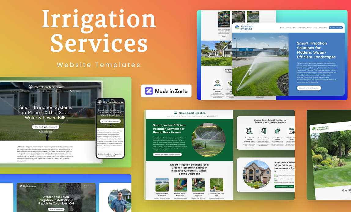Collection of irrigation services website templates created with Zarla