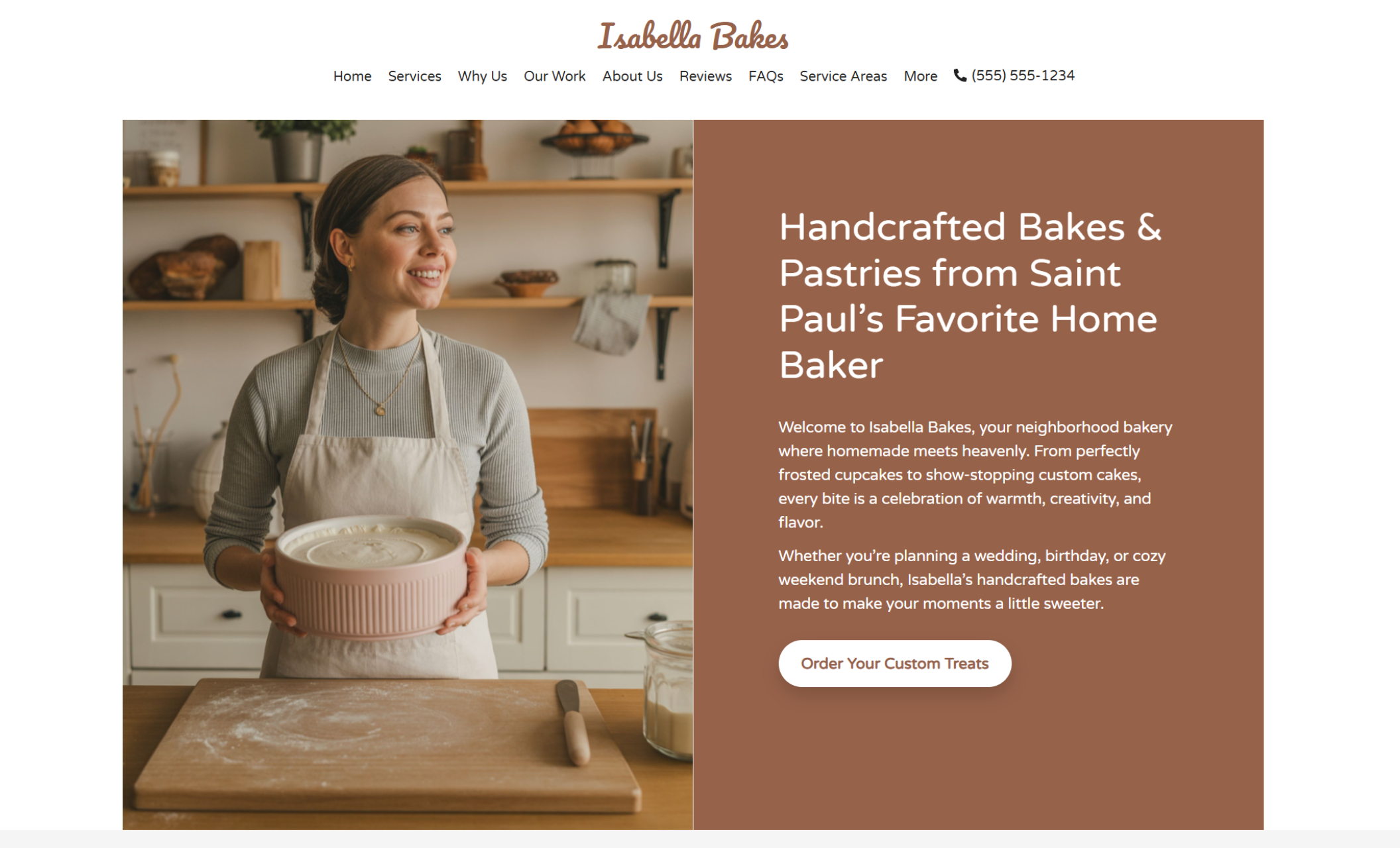 Homepage of Isabella Bakes featuring a smiling woman in a tan apron holding a pink mixing bowl beside the headline “Handcrafted Bakes & Pastries from Saint Paul’s Favorite Home Baker” and a white button that says “Order Your Custom Treats.”