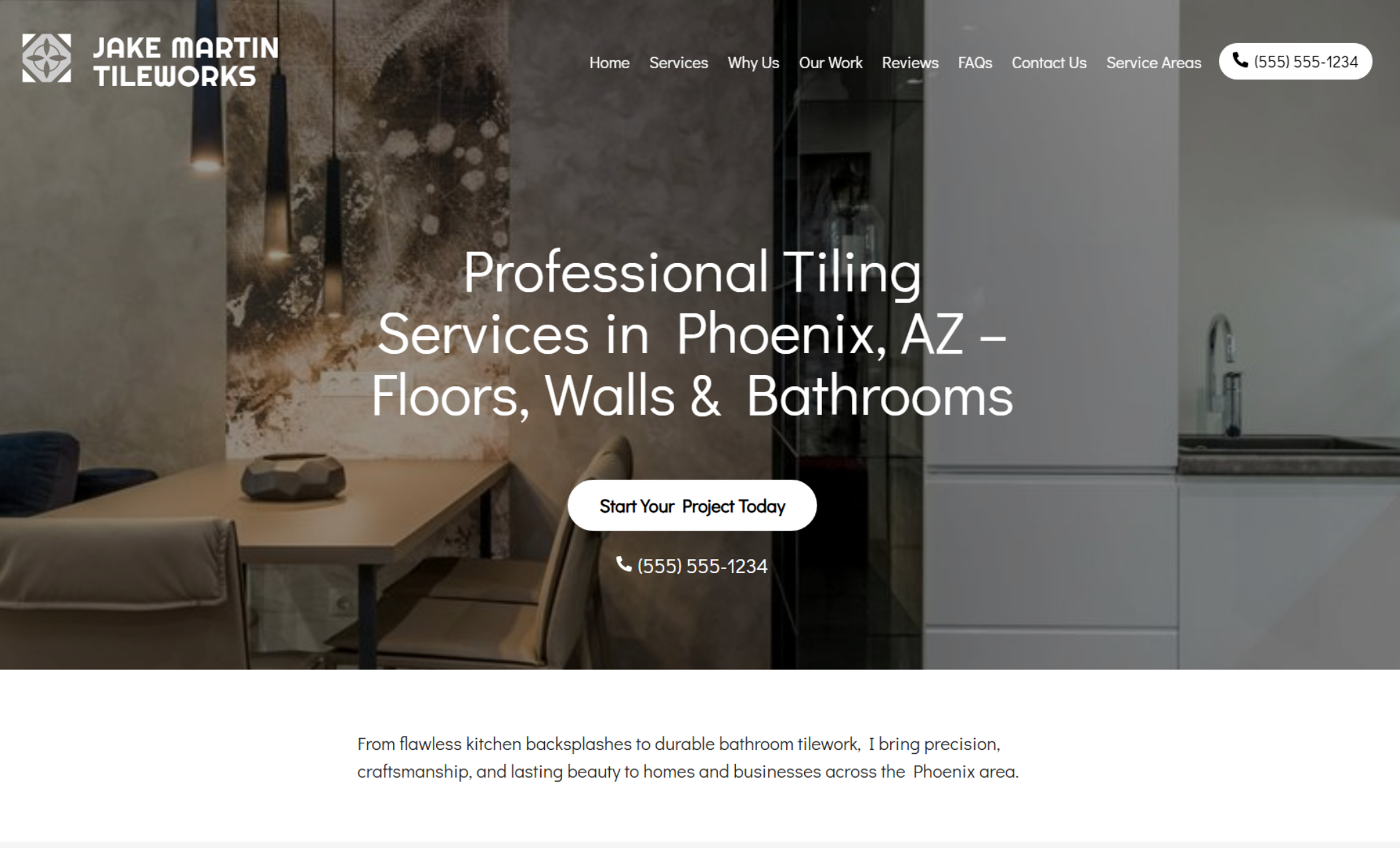 Jake Martin Tileworks homepage with a dark, modern background image of a tiled dining area and bold headline “Professional Tiling Services in Phoenix, AZ – Floors, Walls & Bathrooms” above a call-to-action button