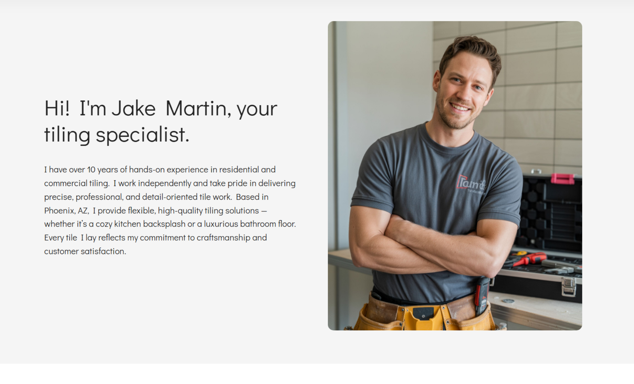Jake Martin Tileworks “Meet the Expert” section showing Jake Martin smiling with arms crossed in a gray shirt and tool belt, beside text describing his 10+ years of residential and commercial tiling experience in Phoenix, AZ