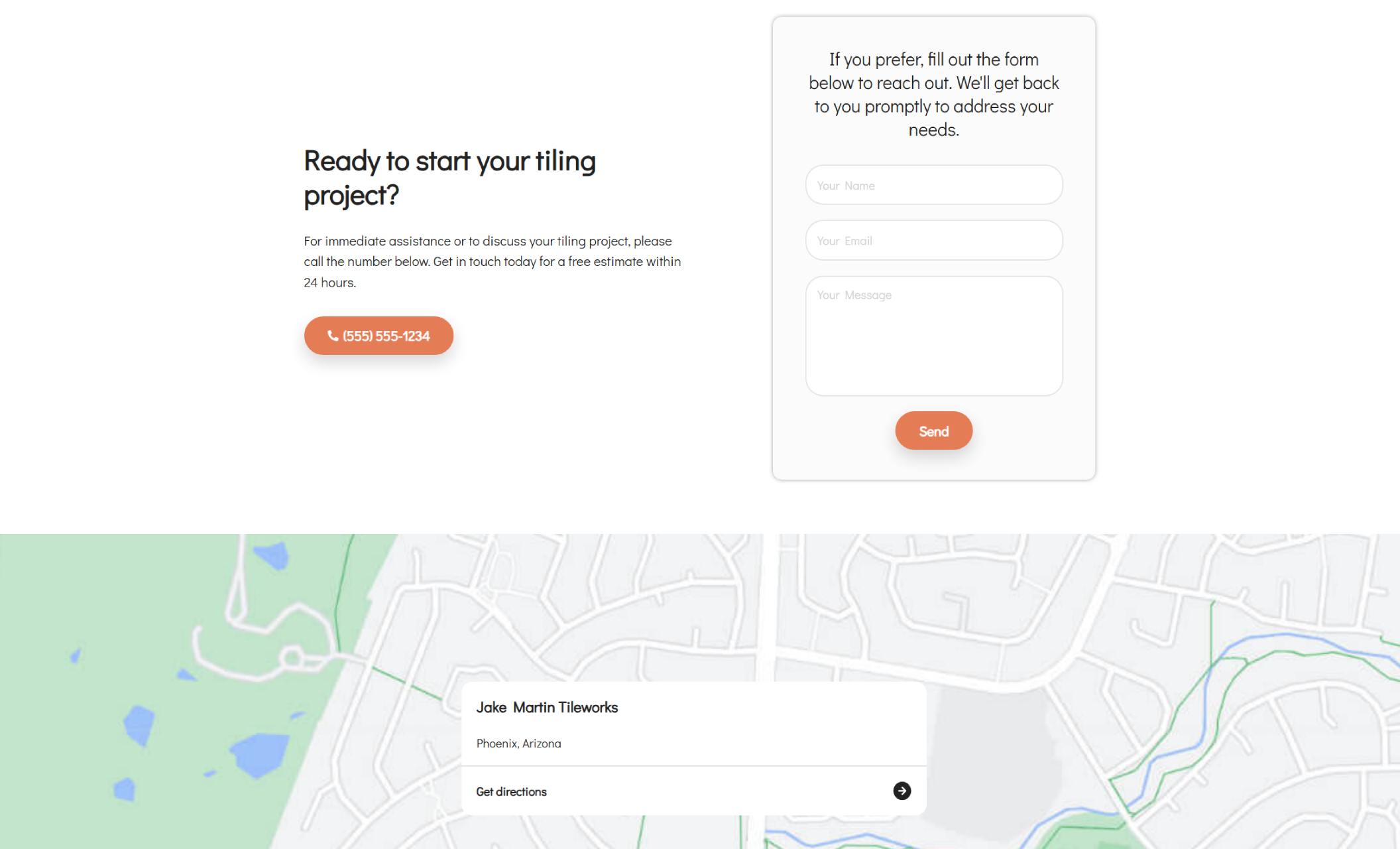 Jake Martin Tileworks contact page featuring a bold call-to-action reading “Ready to start your tiling project?” with a phone number button, contact form, and a location map for Phoenix, Arizona