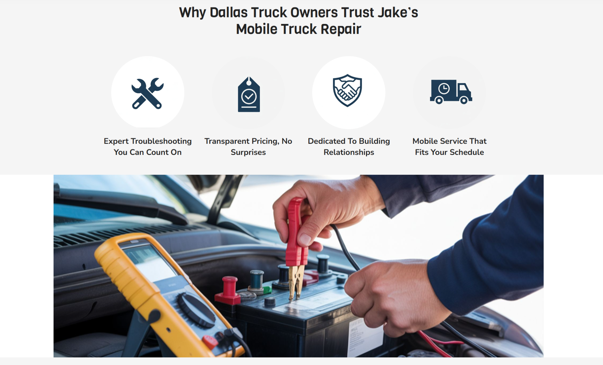 Trust section titled “Why Dallas Truck Owners Trust Jake’s Mobile Truck Repair,” featuring four icons for expert troubleshooting, transparent pricing, relationship-focused service, and flexible mobile scheduling above a close-up of battery diagnostics