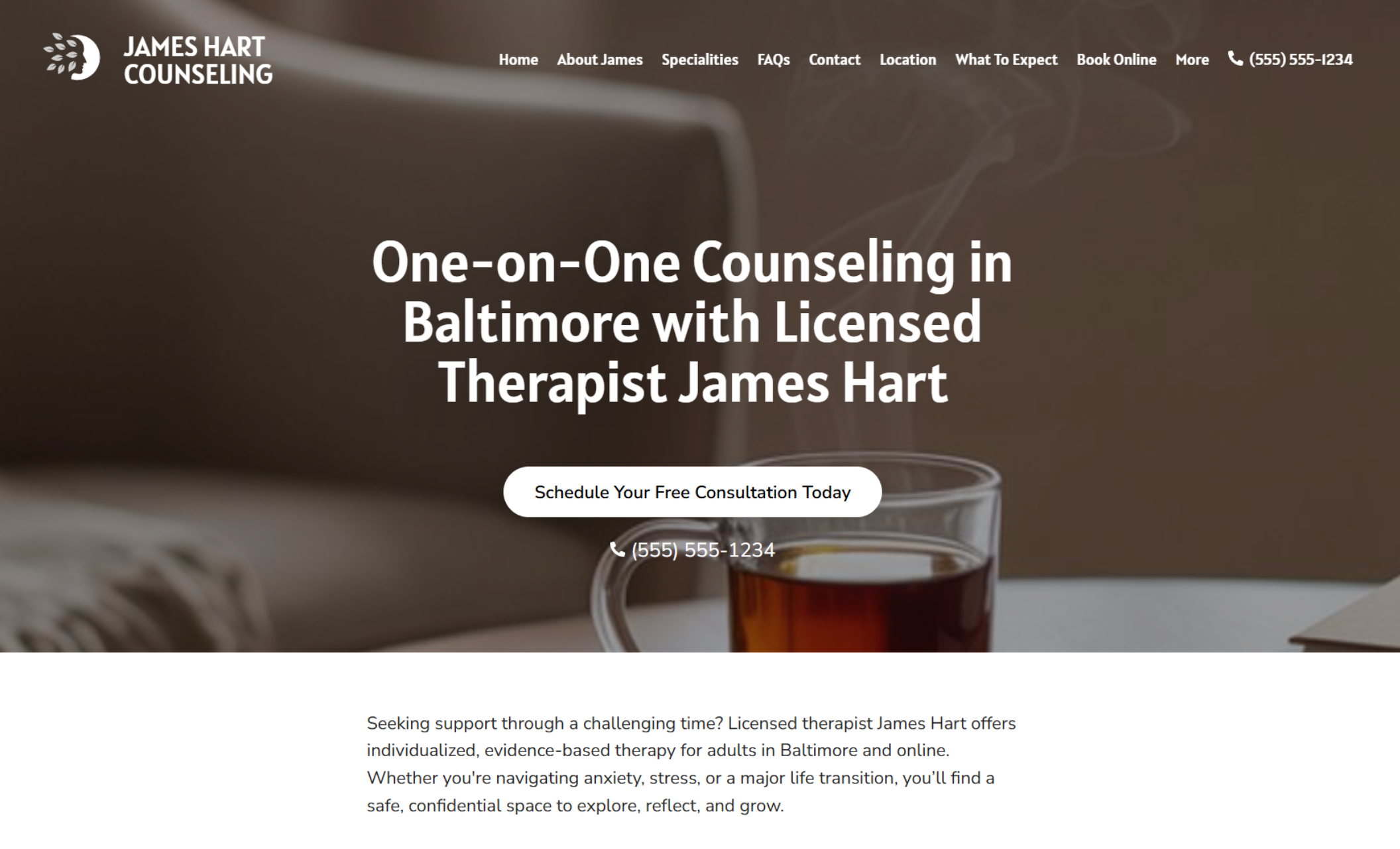 James Hart Counseling homepage featuring a close-up of a tea cup on a wooden table beside the headline “One-on-One Counseling in Baltimore with Licensed Therapist James Hart” and a white button reading “Schedule Your Free Consultation Today.”