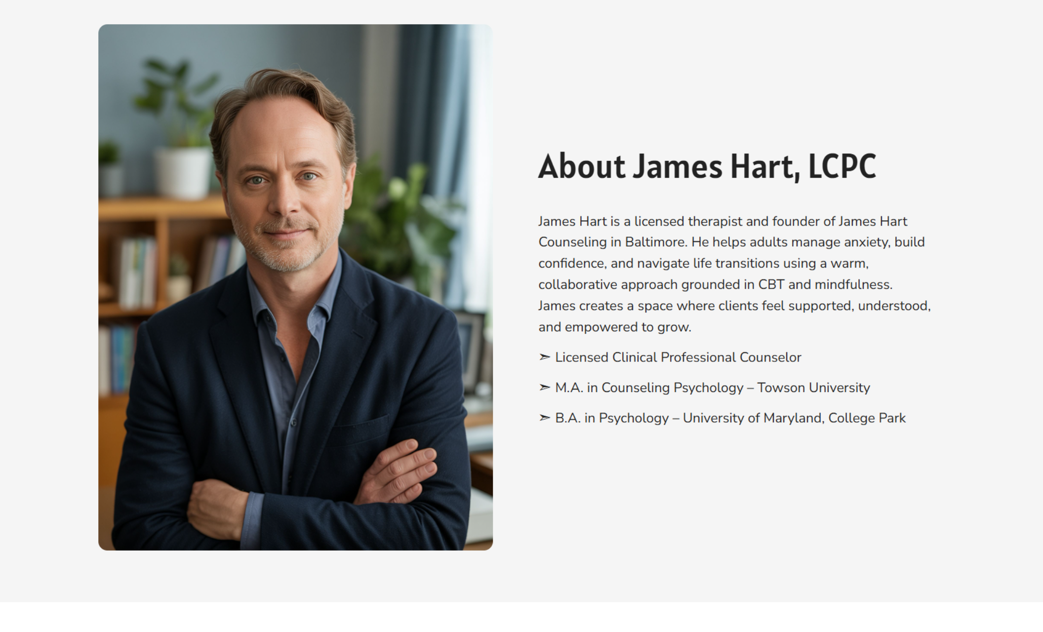 About James Hart page showing a professional portrait of James Hart in a navy blazer, smiling with arms crossed, alongside text detailing his credentials and counseling approach
