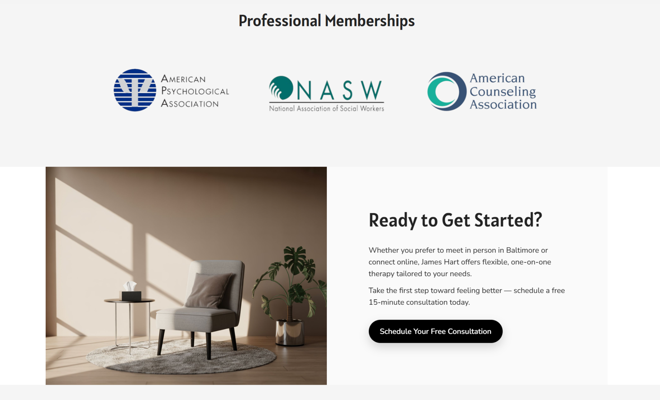 James Hart Counseling “Ready to Get Started?” section with a sunlit beige therapy chair and side table on the left, and text offering a free 15-minute consultation with a black “Schedule Your Free Consultation” button on the right