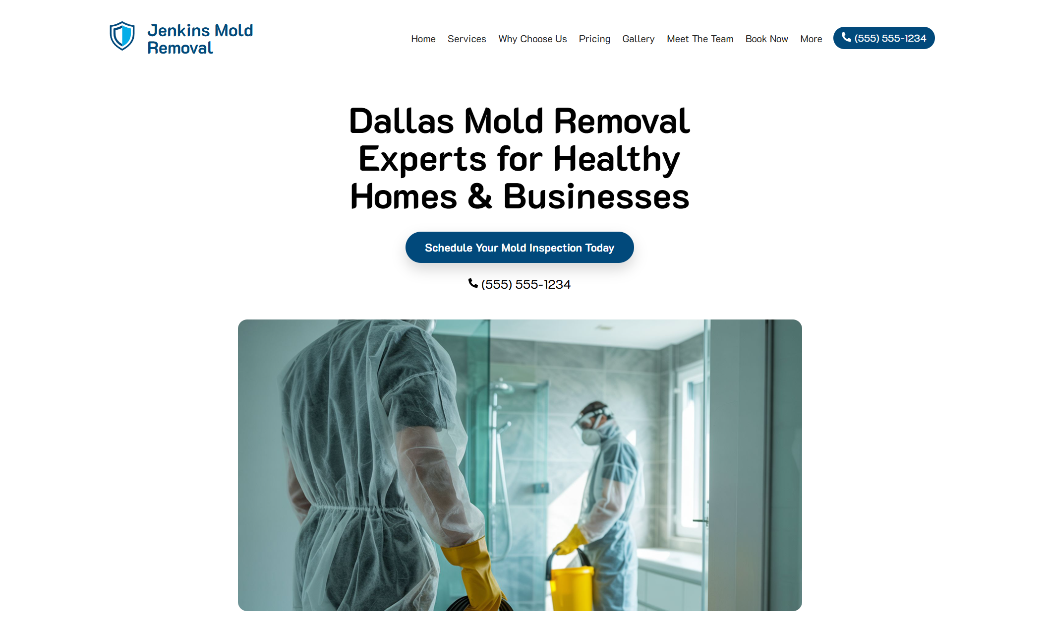 Jenkins Mold Removal homepage featuring the headline “Dallas Mold Removal Experts for Healthy Homes & Businesses,” a “Schedule Your Mold Inspection Today” button, and technicians in protective gear cleaning a bathroom