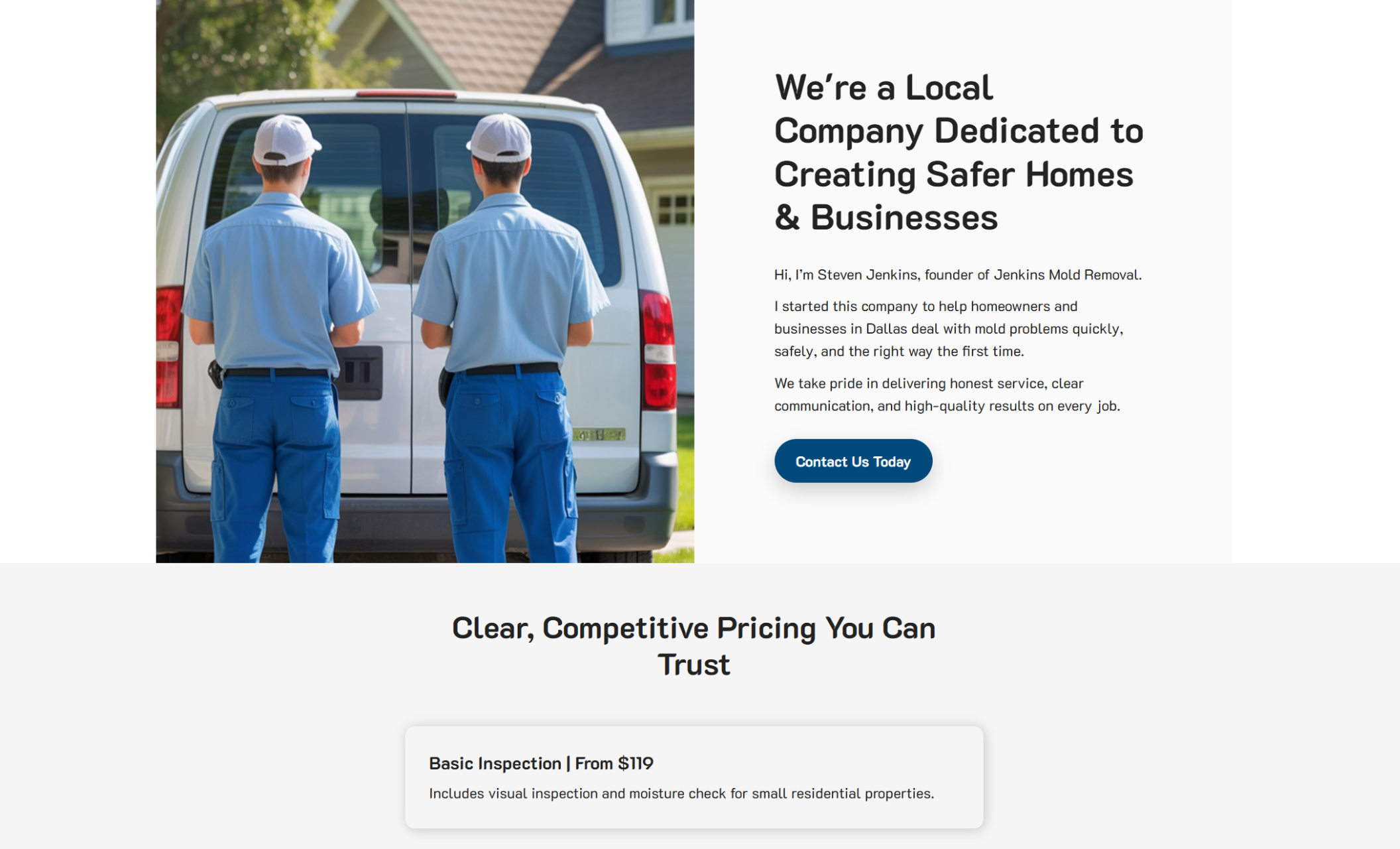 Jenkins Mold Removal about section showing two technicians standing behind a service van beside the headline “We’re a Local Company Dedicated to Creating Safer Homes & Businesses.”
