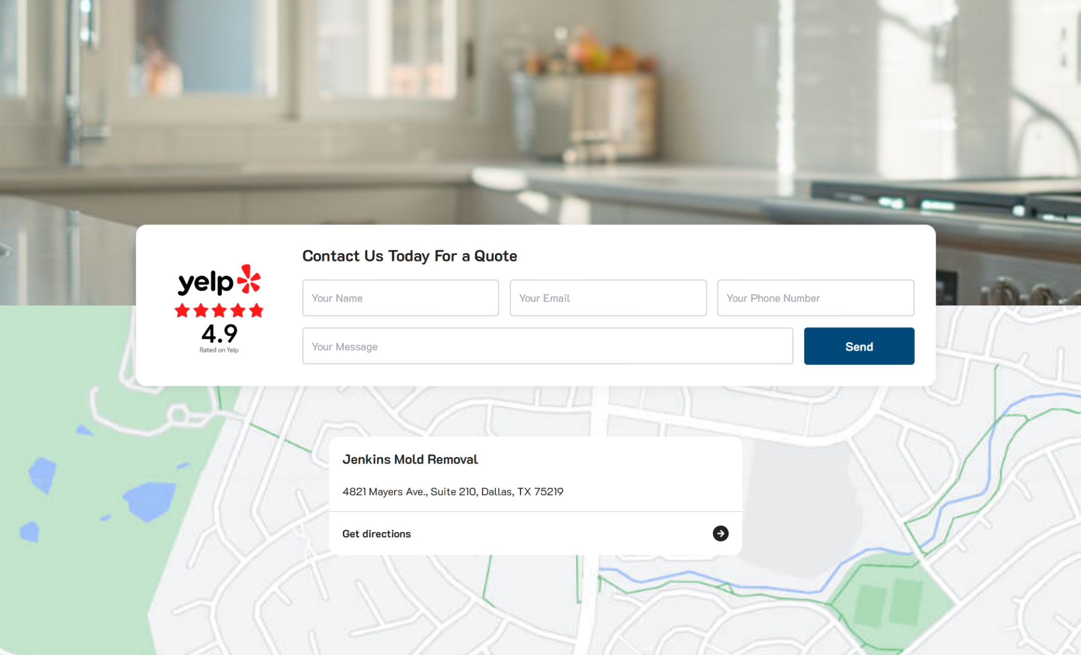 Jenkins Mold Removal contact section featuring a Yelp 4.9 rating, a “Contact Us Today For a Quote” form, and a map showing their Dallas, TX location