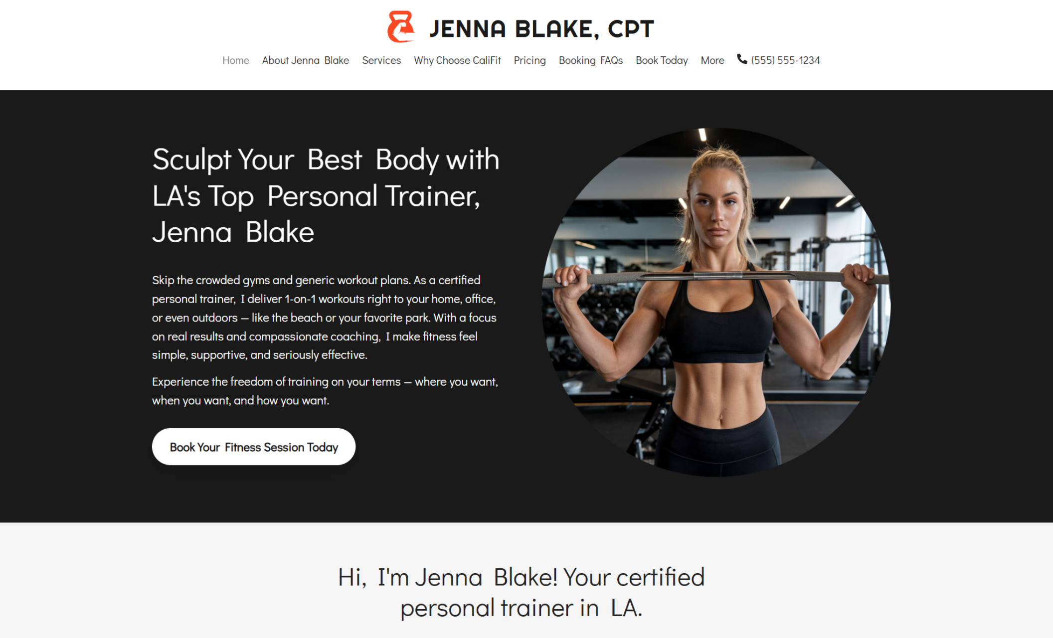 Jenna Blake CPT homepage displaying Jenna lifting a barbell in a gym beside the headline “Sculpt Your Best Body with LA's Top Personal Trainer, Jenna Blake” with a white booking button.