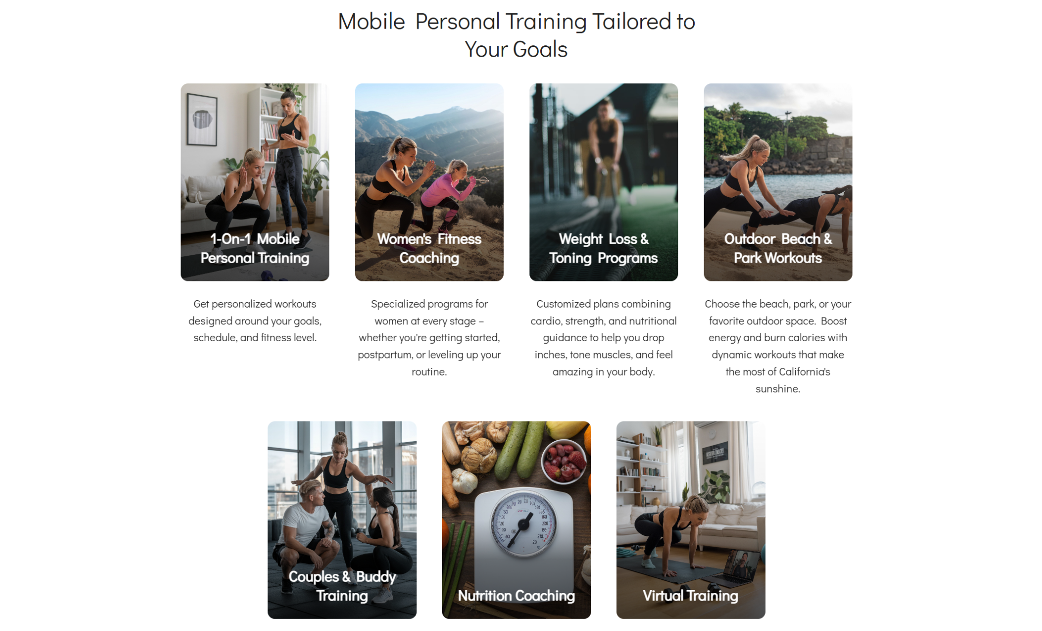 Jenna Blake services section titled “Mobile Personal Training Tailored to Your Goals” with eight image cards like “Women’s Fitness Coaching” and “Virtual Training” laid out in two neat rows.