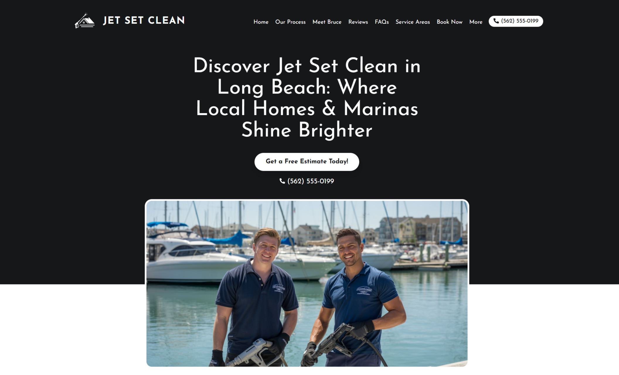 Jet Set Clean homepage featuring two uniformed technicians holding equipment at a Long Beach marina, framed by yachts and water in the background, with the headline “Discover Jet Set Clean in Long Beach: Where Local Homes & Marinas Shine Brighter.”