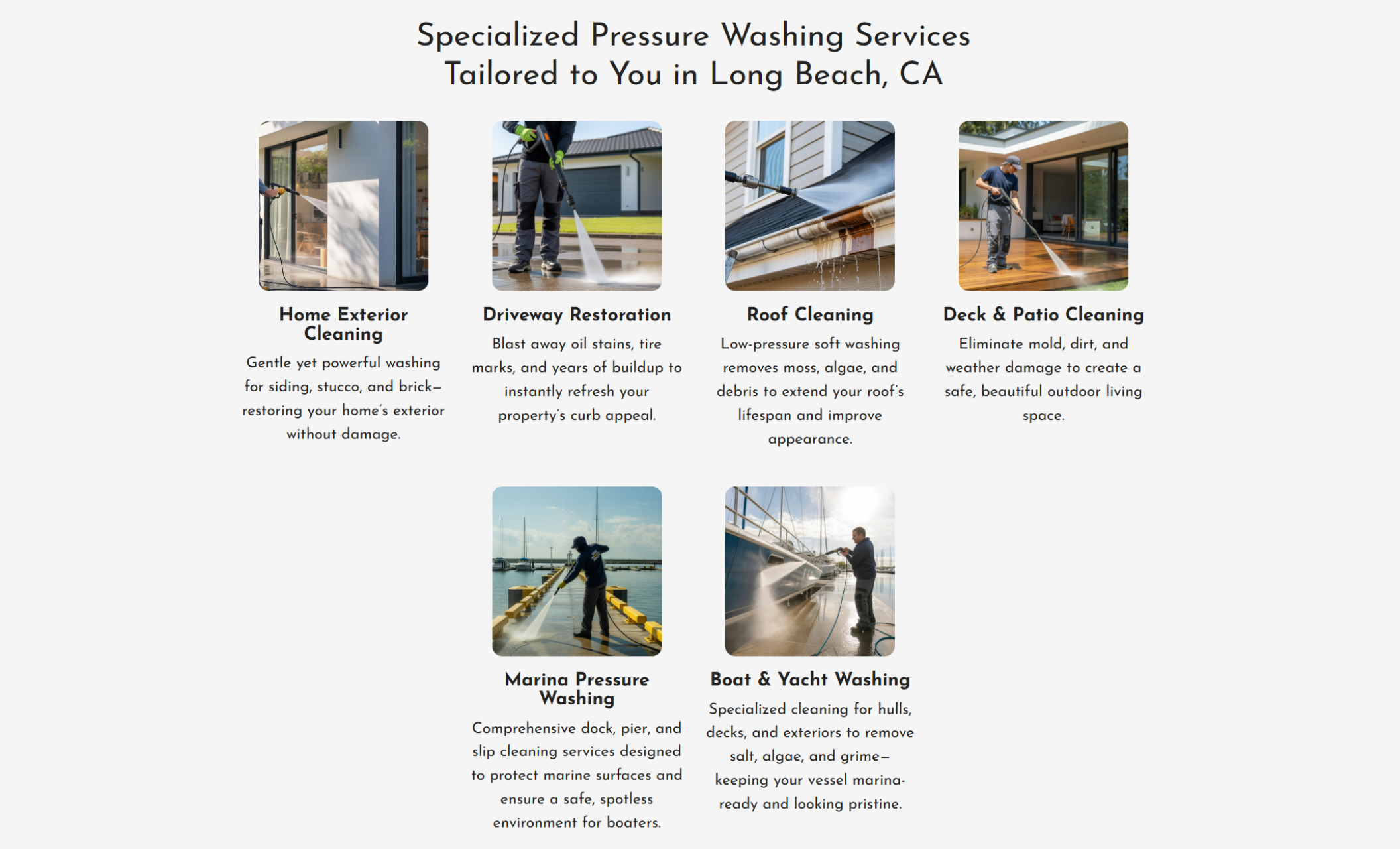 Jet Set Clean “Specialized Services” section showing six service categories — Home Exterior Cleaning, Driveway Restoration, Roof Cleaning, Deck & Patio Cleaning, Marina Pressure Washing, and Boat & Yacht Washing — each with photos of technicians working or vessels being cleaned