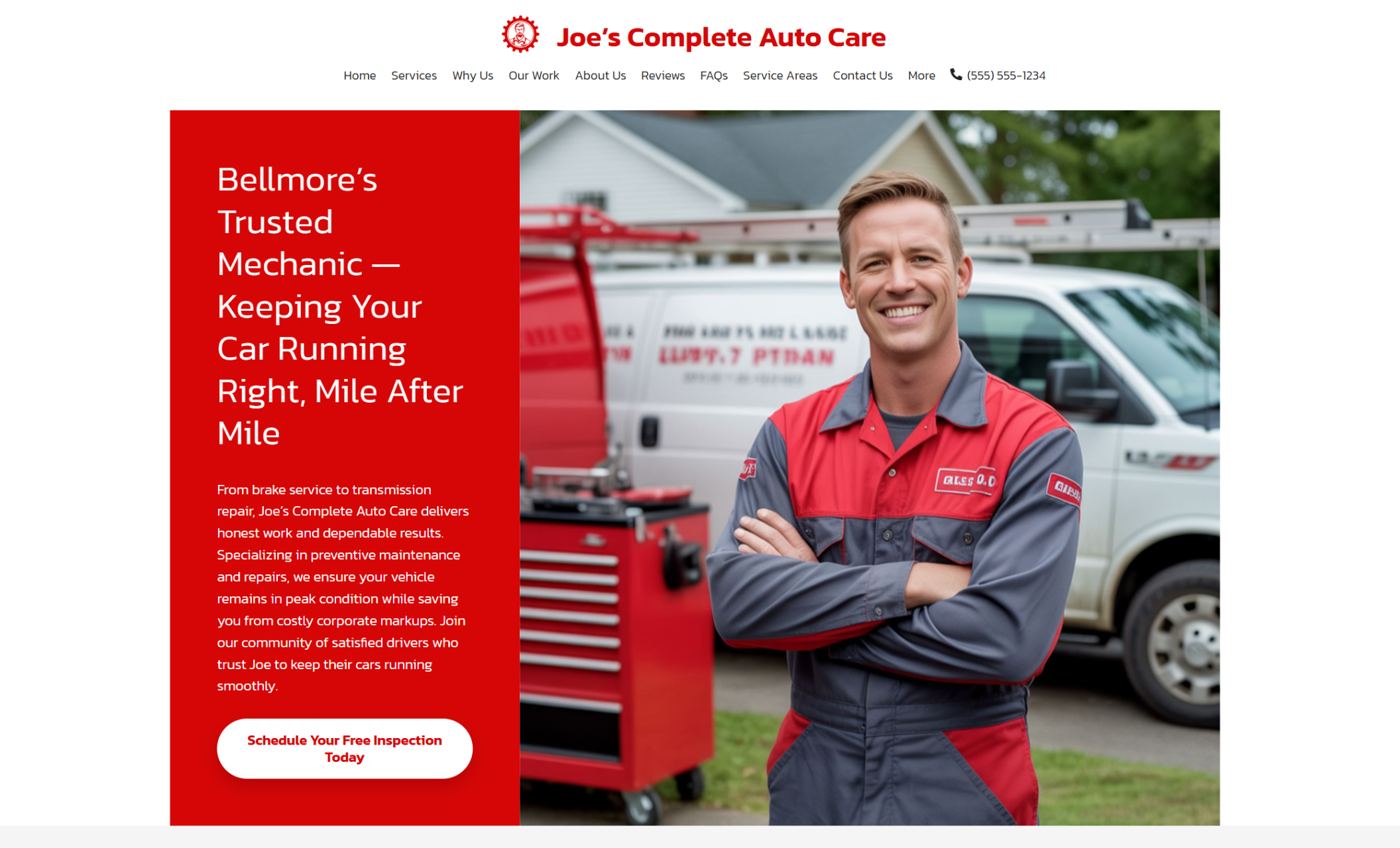 Joe’s Complete Auto Care homepage featuring a smiling mechanic in a red and gray uniform beside the headline “Bellmore’s Trusted Mechanic — Keeping Your Car Running Right, Mile After Mile” and a red button that says “Schedule Your Free Inspection Today.”