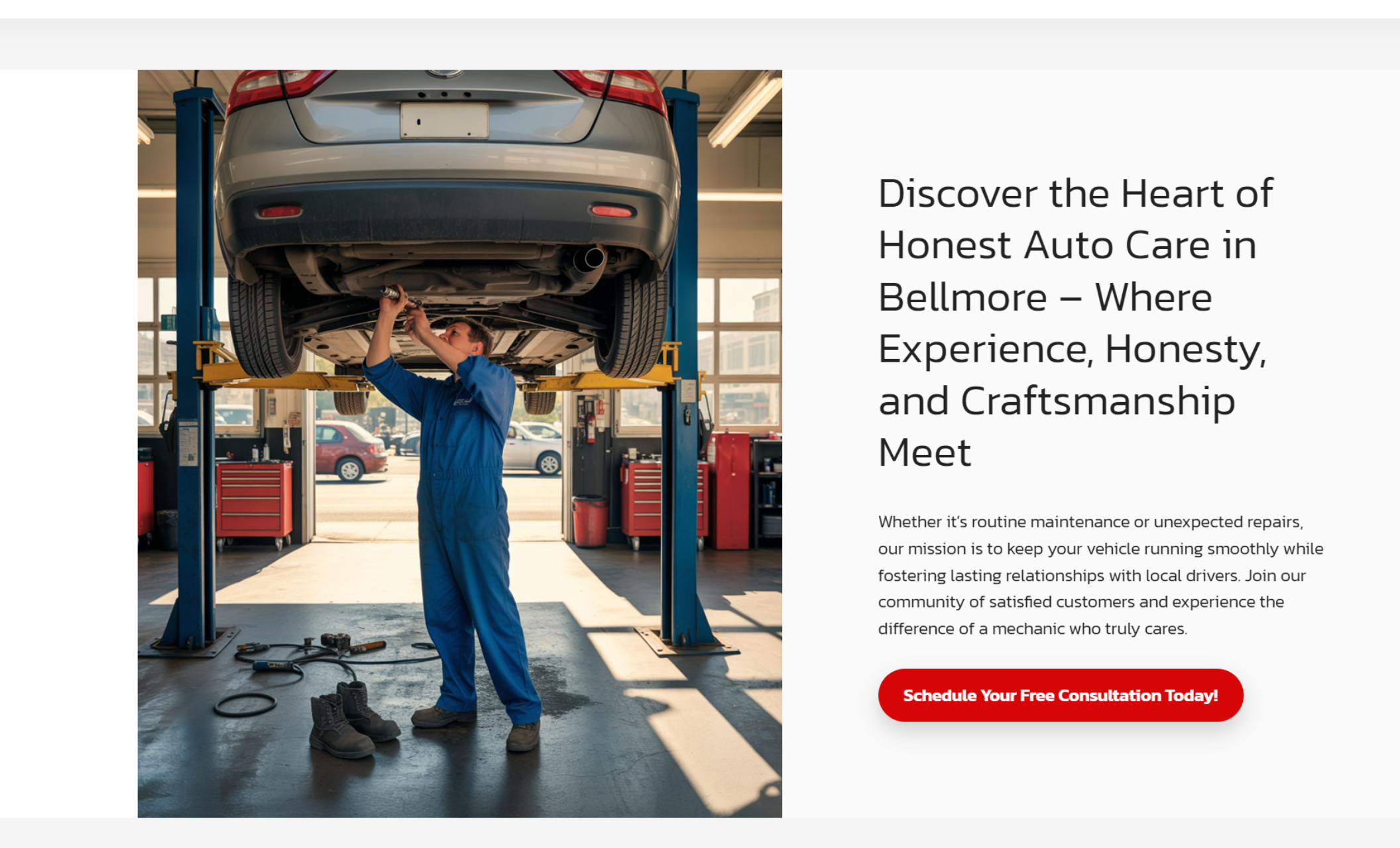 Joe’s Complete Auto Care services overview featuring six image cards labeled Mobile Oil Change, Brake Inspection and Repair, Tire Rotation and Alignment, Battery Replacement Services, Engine Diagnostic Services, and Preventive Maintenance Packages