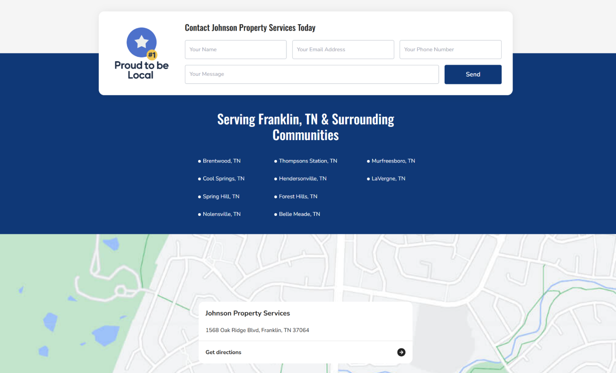 Johnson Property Services contact and service area section showing a “Proud to Be Local” badge, a contact form labeled “Contact Johnson Property Services Today,” a list of cities including Brentwood and Murfreesboro, TN, and a map displaying the Franklin business address