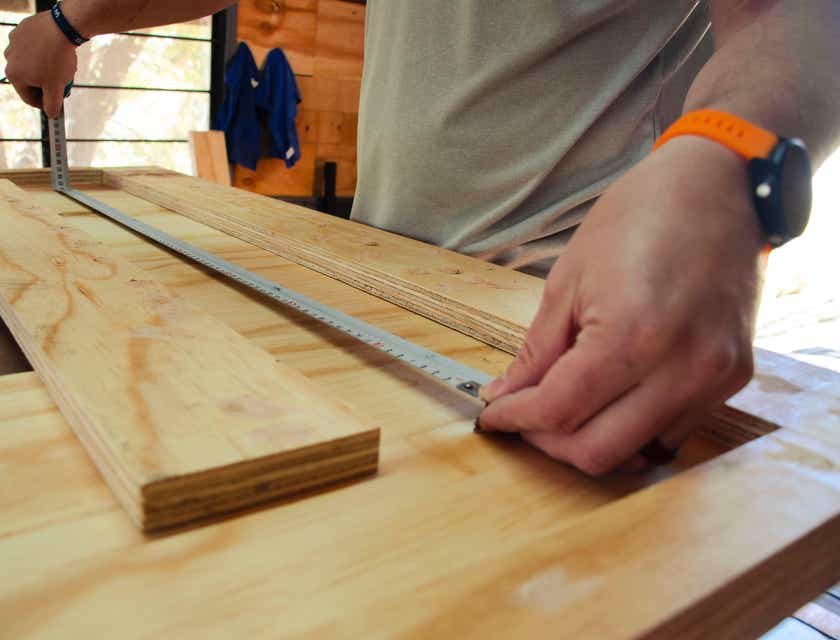 Un homme mesure du bois dans une menuiserie.