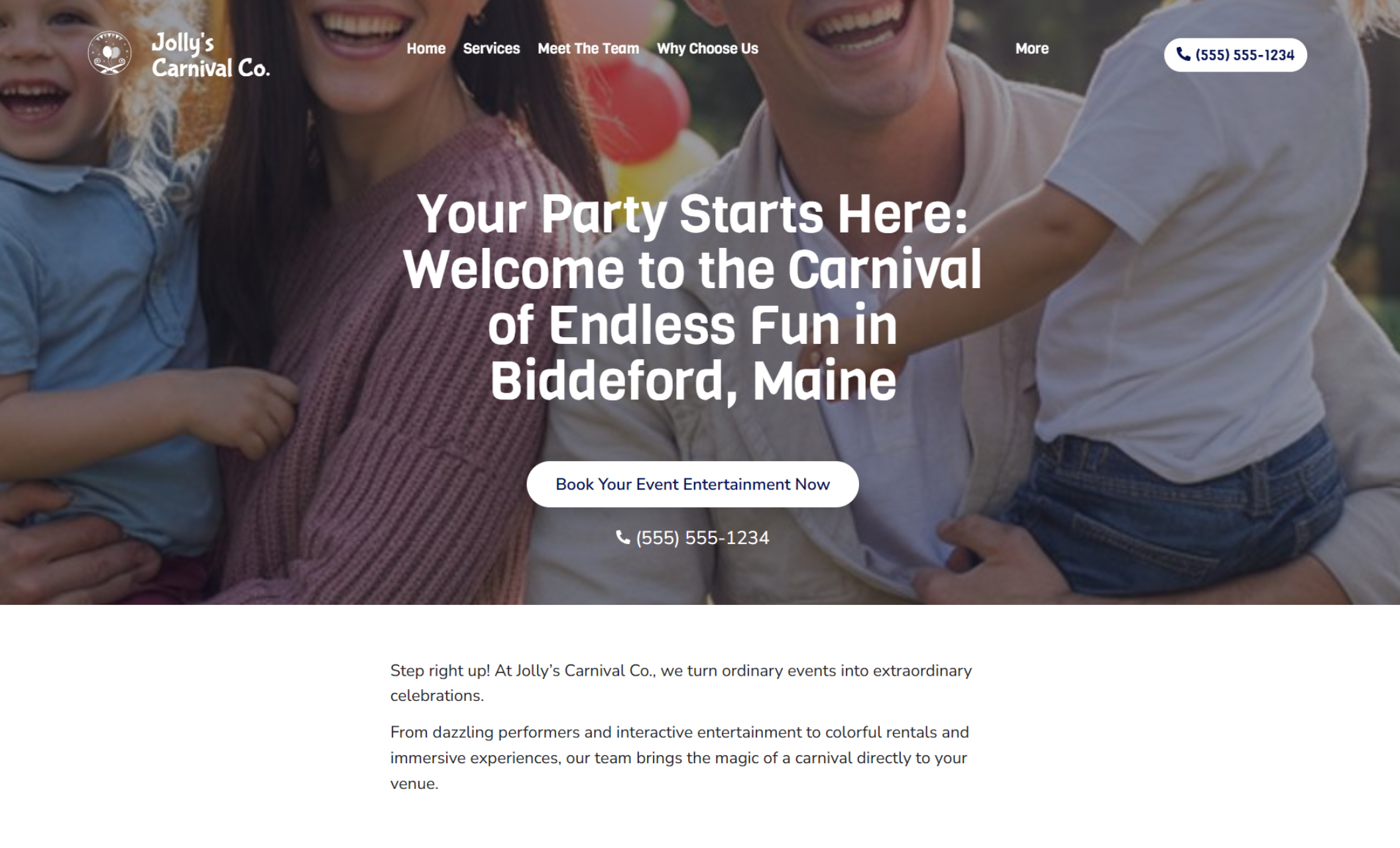 Jolly’s Carnival Co. homepage hero showing a joyful family holding children outdoors, overlaid with the headline “Your Party Starts Here: Welcome to the Carnival of Endless Fun in Biddeford, Maine” and a white “Book Your Event Entertainment Now” button