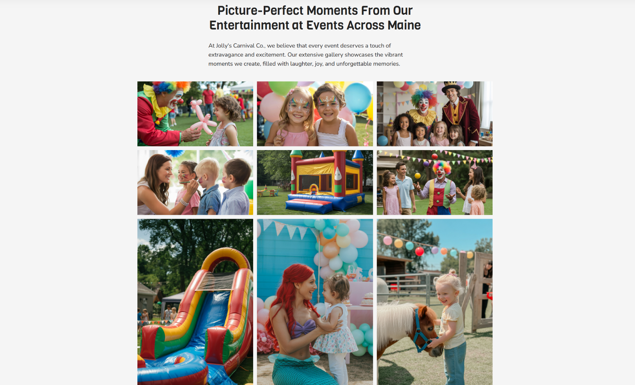 Jolly’s Carnival Co. gallery section presenting a grid of vibrant event photos including clowns, face painting, bounce houses, princess characters, and smiling families, beneath the heading “Picture-Perfect Moments From Our Entertainment at Events Across Maine.”