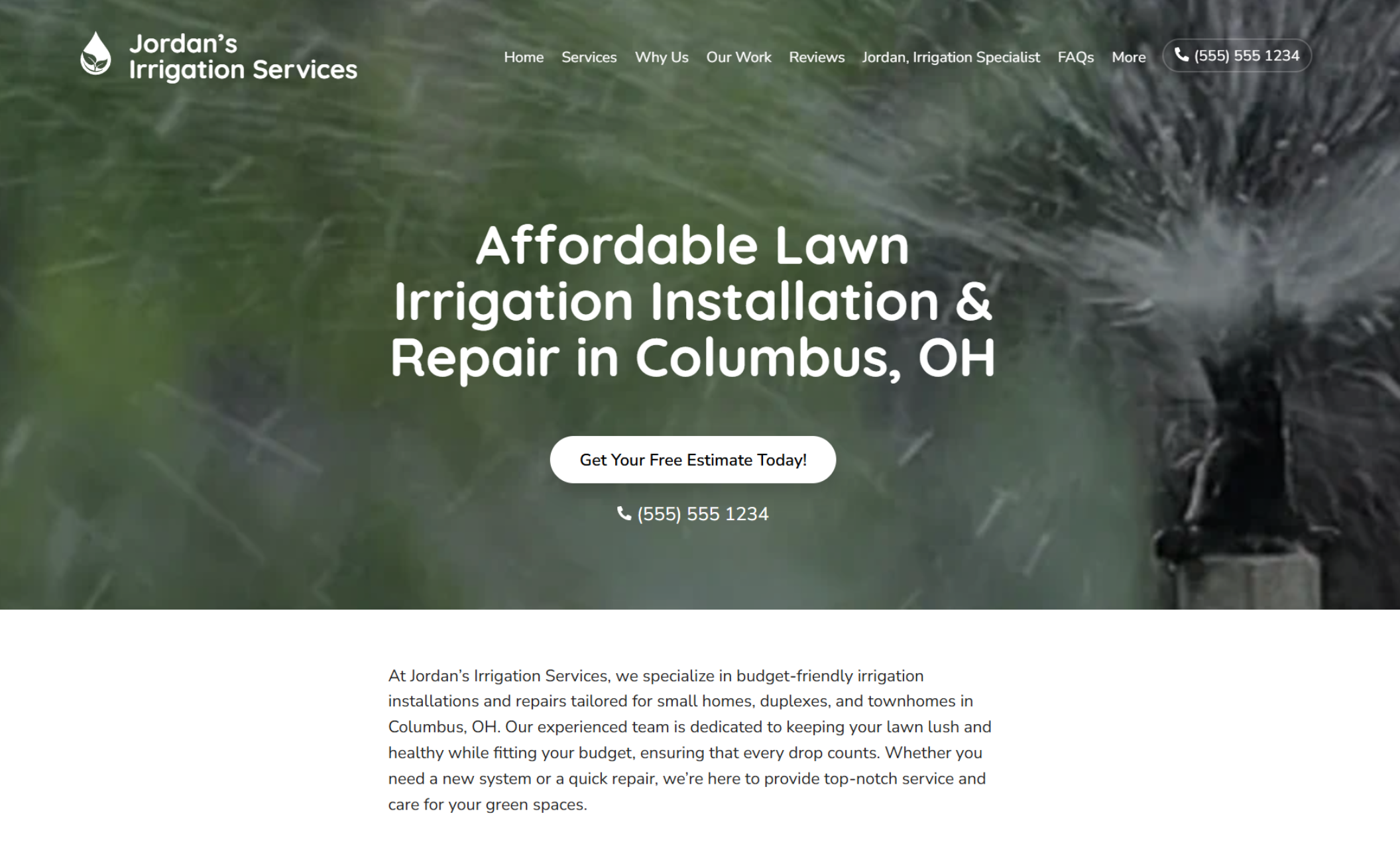 Jordan’s Irrigation Services homepage hero featuring a close-up of a sprinkler spraying water across a lawn under the headline “Affordable Lawn Irrigation Installation & Repair in Columbus, OH,” with a white button that says “Get Your Free Estimate Today!”