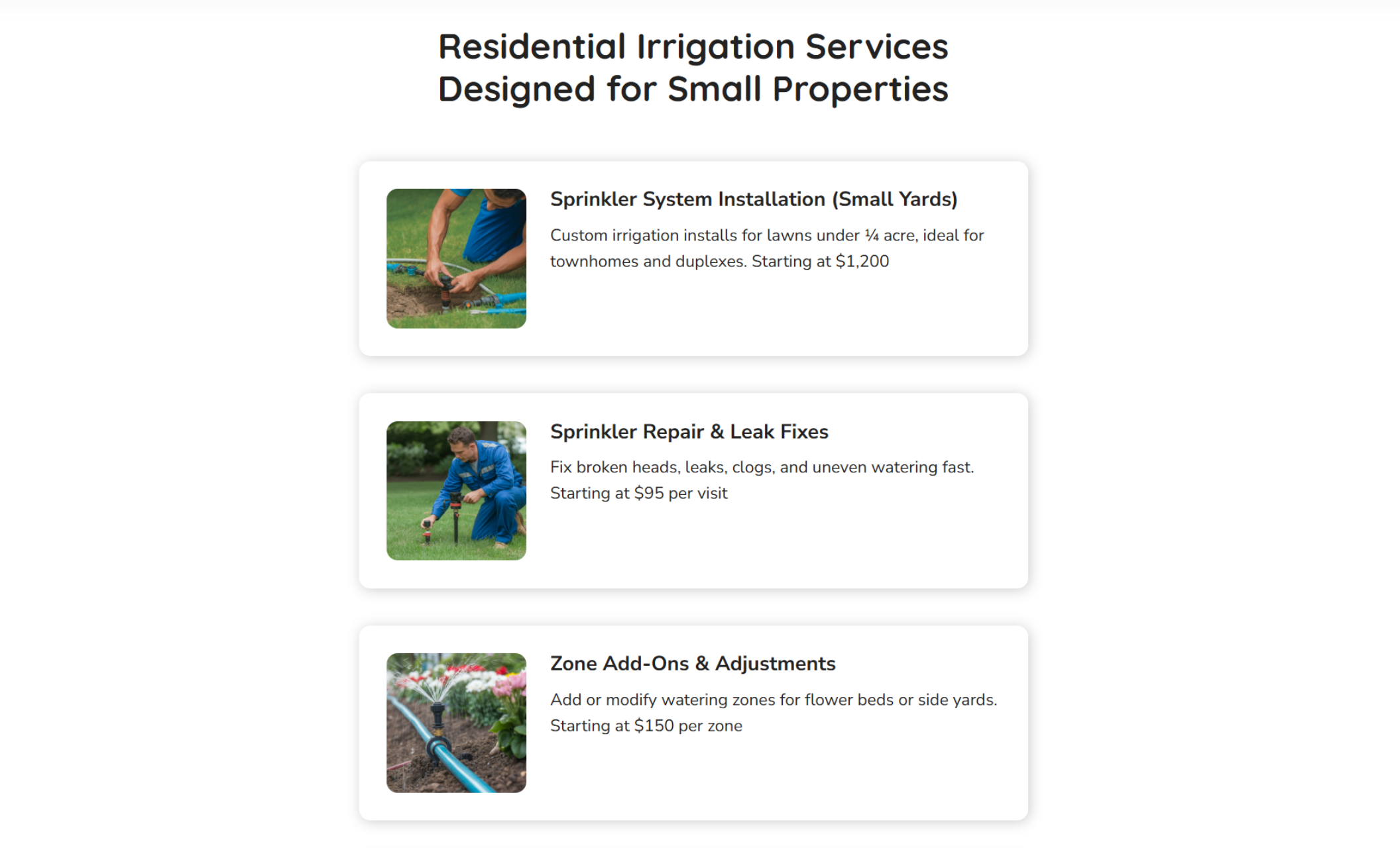 ordan’s Irrigation Services residential services section titled “Residential Irrigation Services Designed for Small Properties,” displaying stacked service cards for sprinkler installation, repairs, and zone add-ons with images, descriptions, and starting prices