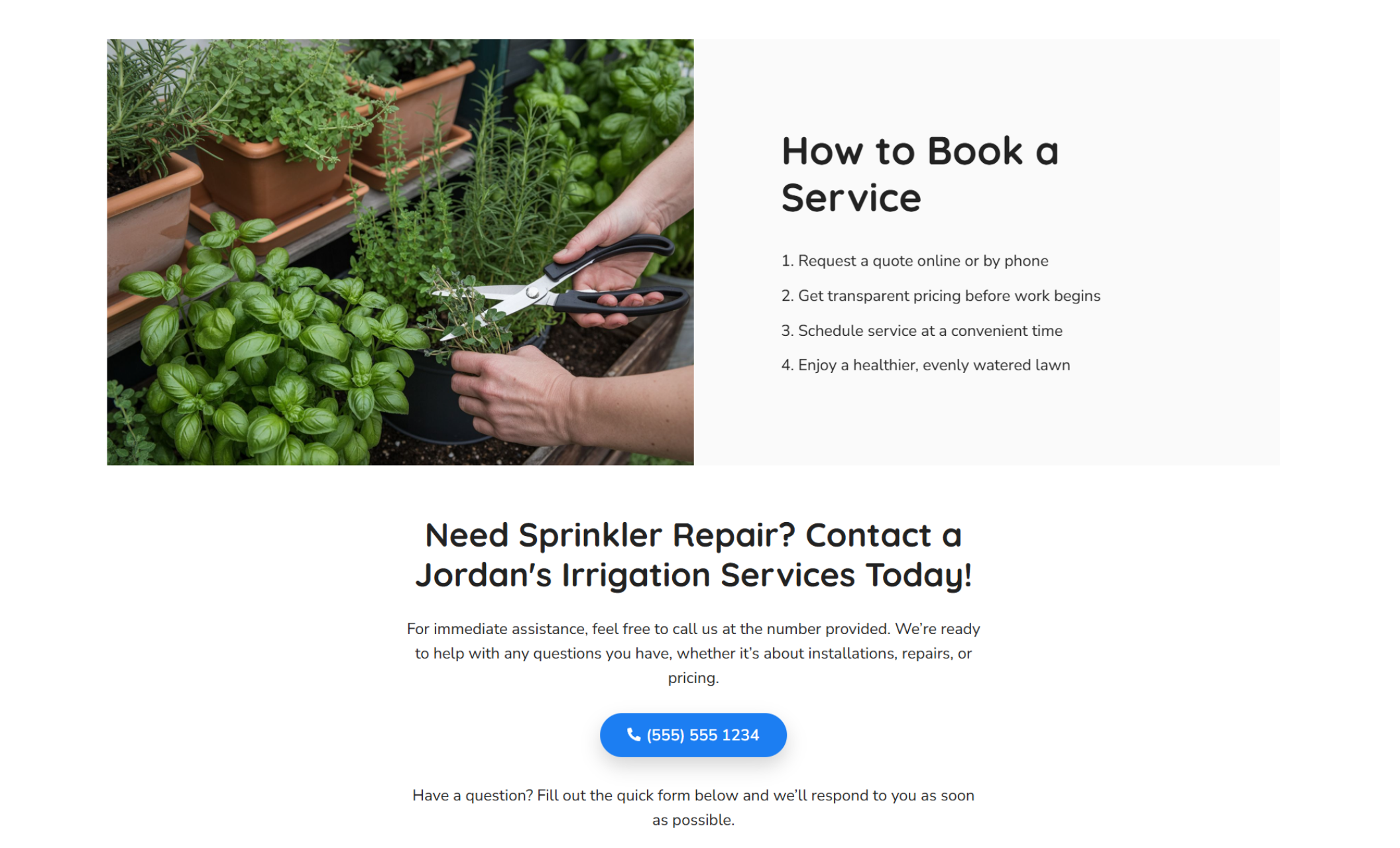Jordan’s Irrigation Services process section showing hands trimming potted herbs with garden shears next to a checklist titled “How to Book a Service,” outlining steps from requesting a quote to enjoying a healthier lawn