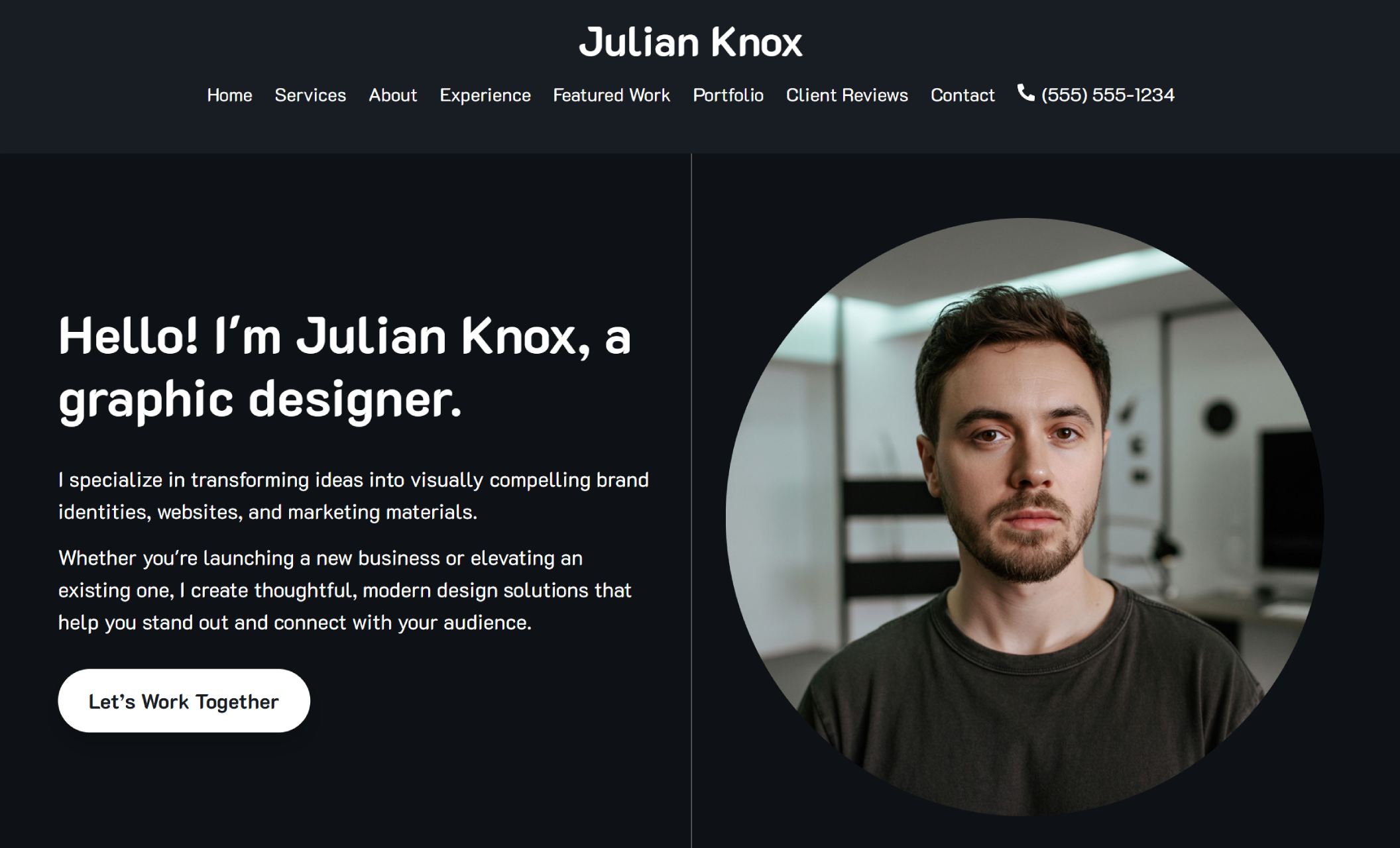 Julian Knox homepage featuring a graphic designer with a serious expression in a modern studio, alongside the introduction “Hello! I’m Julian Knox, a graphic designer” with a white call-to-action button that reads “Let’s Work Together”
