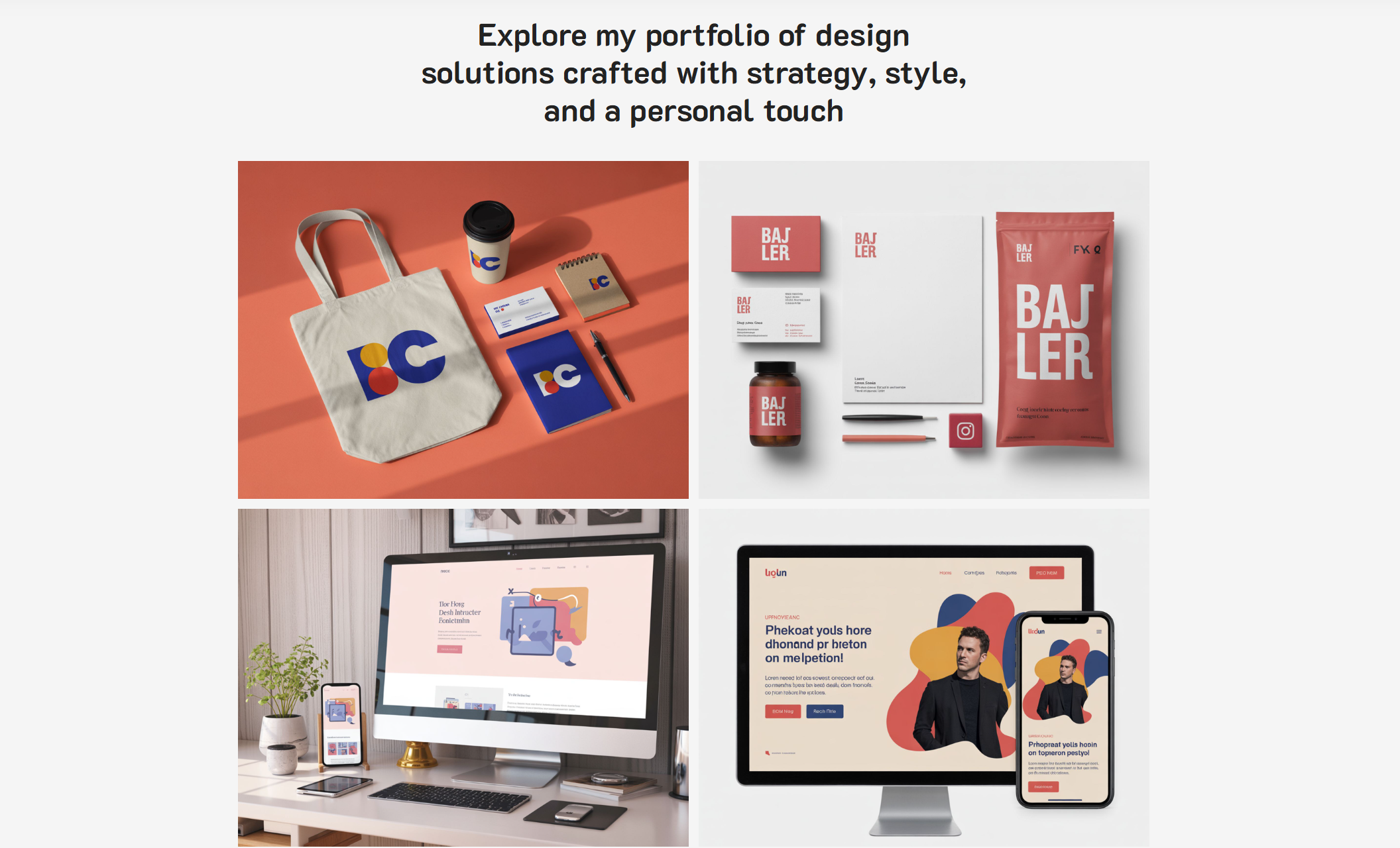 Design portfolio grid showcasing Julian’s branding work, including colorful packaging, branded stationery, and desktop mockups with bold, modern visual identities and the headline “Explore my portfolio of design solutions crafted with strategy, style, and a personal touch”