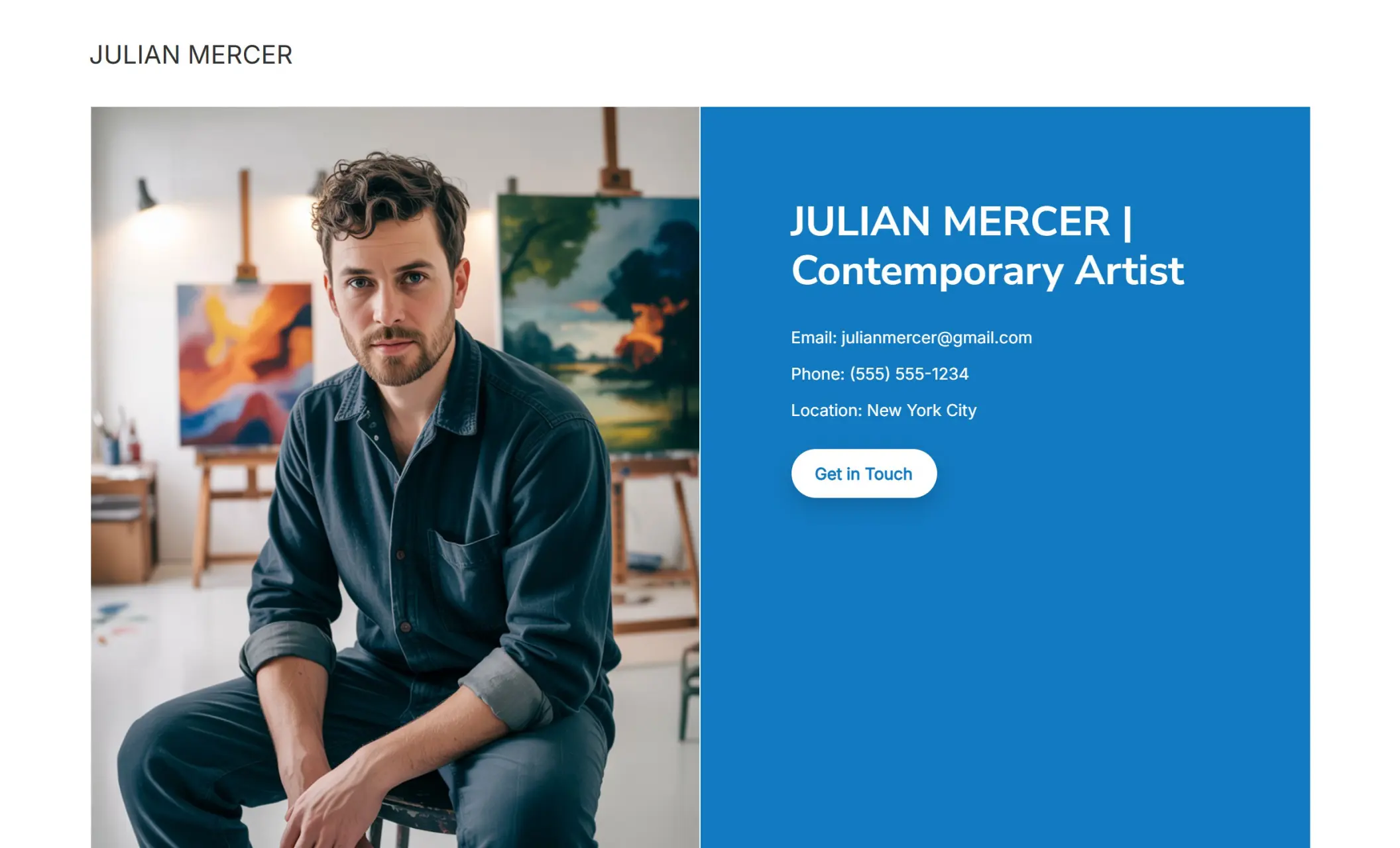 Julian Mercer's homepage featuring a portrait, contact details, and a call-to-action button