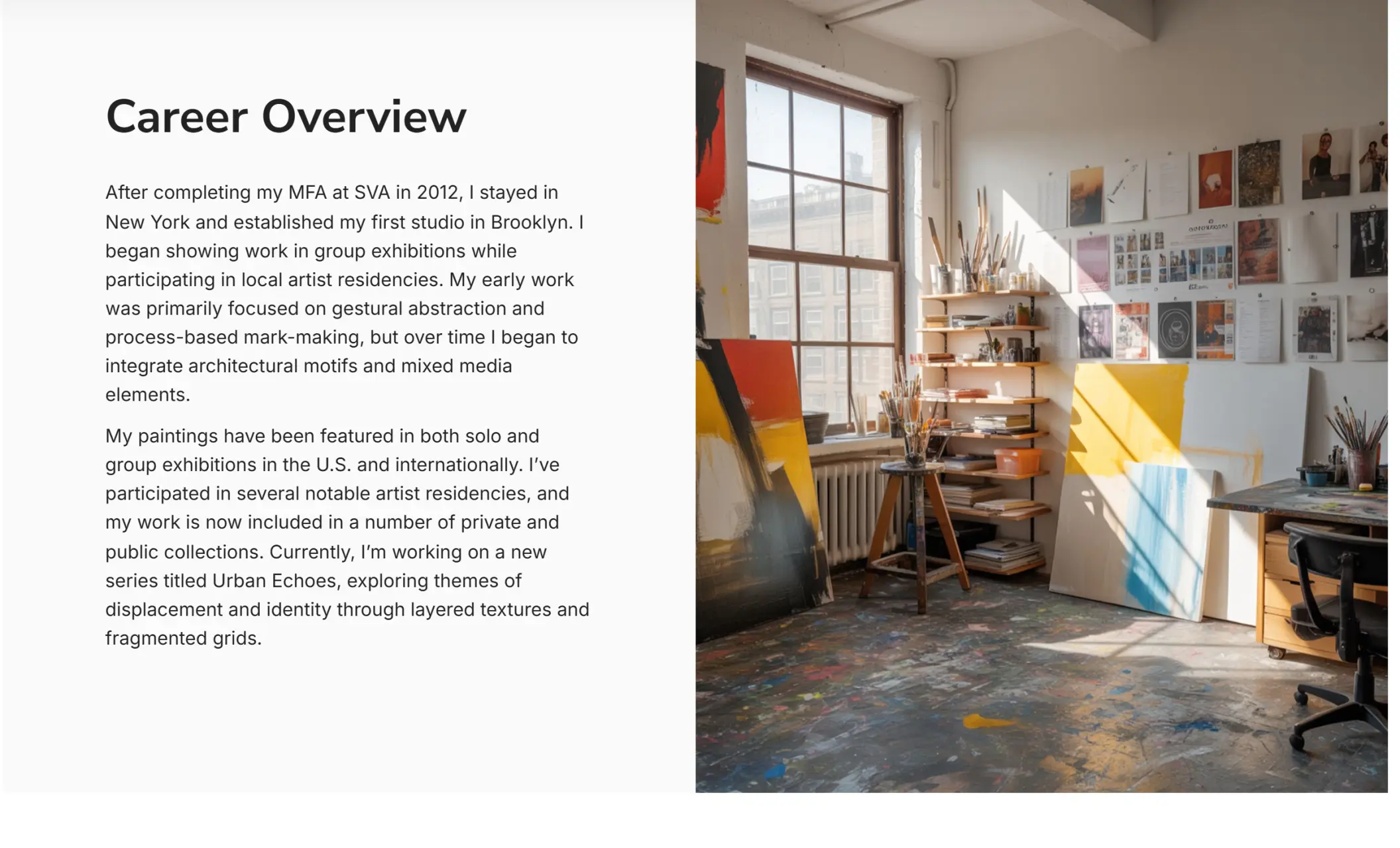Julian Mercer's website displaying a career overview section