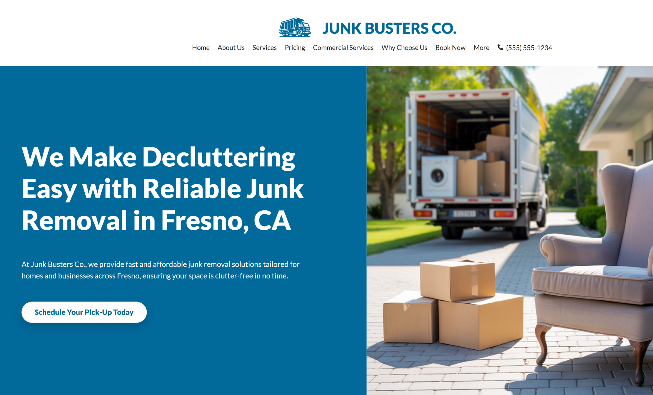 Junk Busters Co. homepage hero featuring a driveway scene with moving boxes and a removal truck, alongside the headline “We Make Decluttering Easy with Reliable Junk Removal in Fresno, CA.”