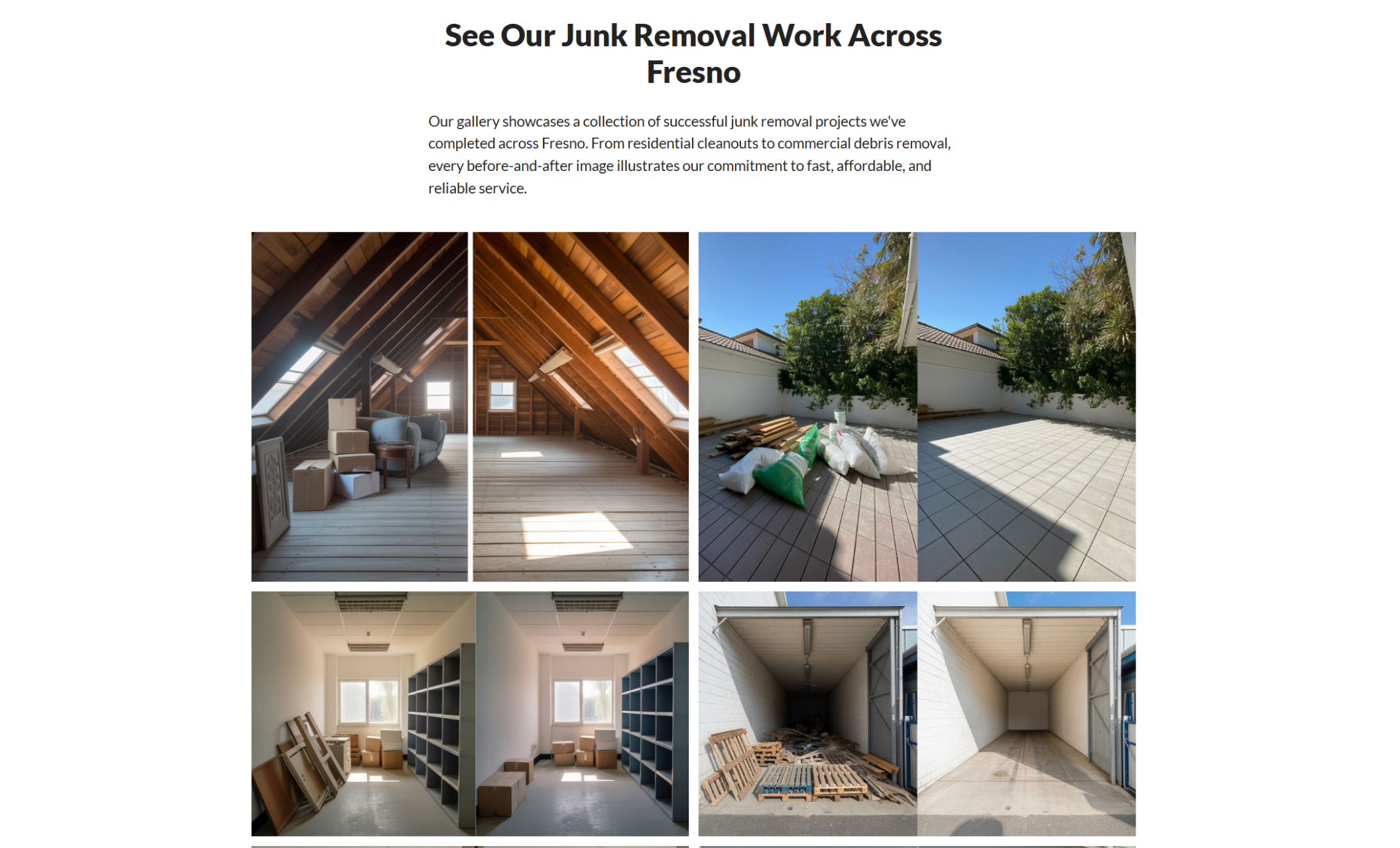 Junk Busters Co. gallery section titled “See Our Junk Removal Work Across Fresno,” featuring before-and-after images of cleanouts including attics, patios, storage rooms, and emptied units